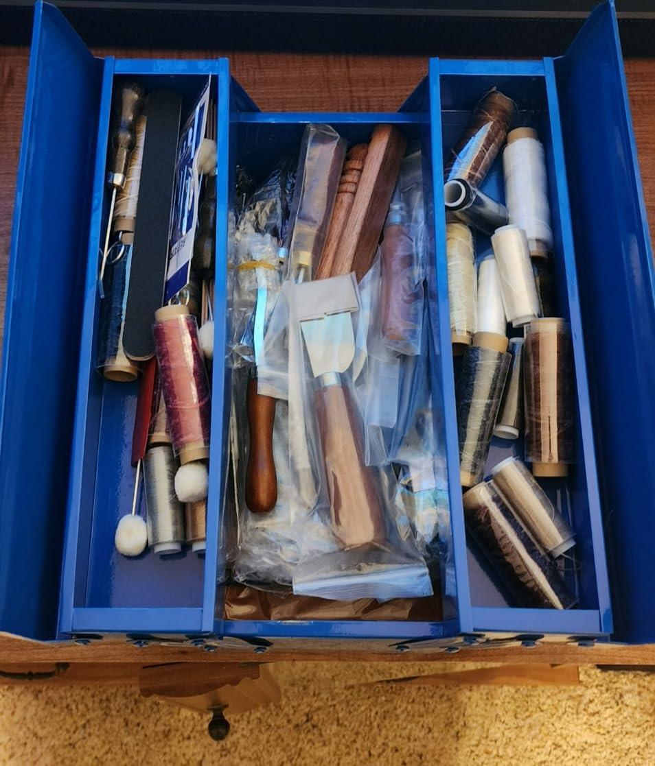 Leather Working Tools Kit, Leather Tooling Kit with Double Layer Storage Box, Heavy Duty Sewing Kit, Professional Working Tools and Supplies for DIY Stamping Cutting Engraving Punching Sewing customer photo 2