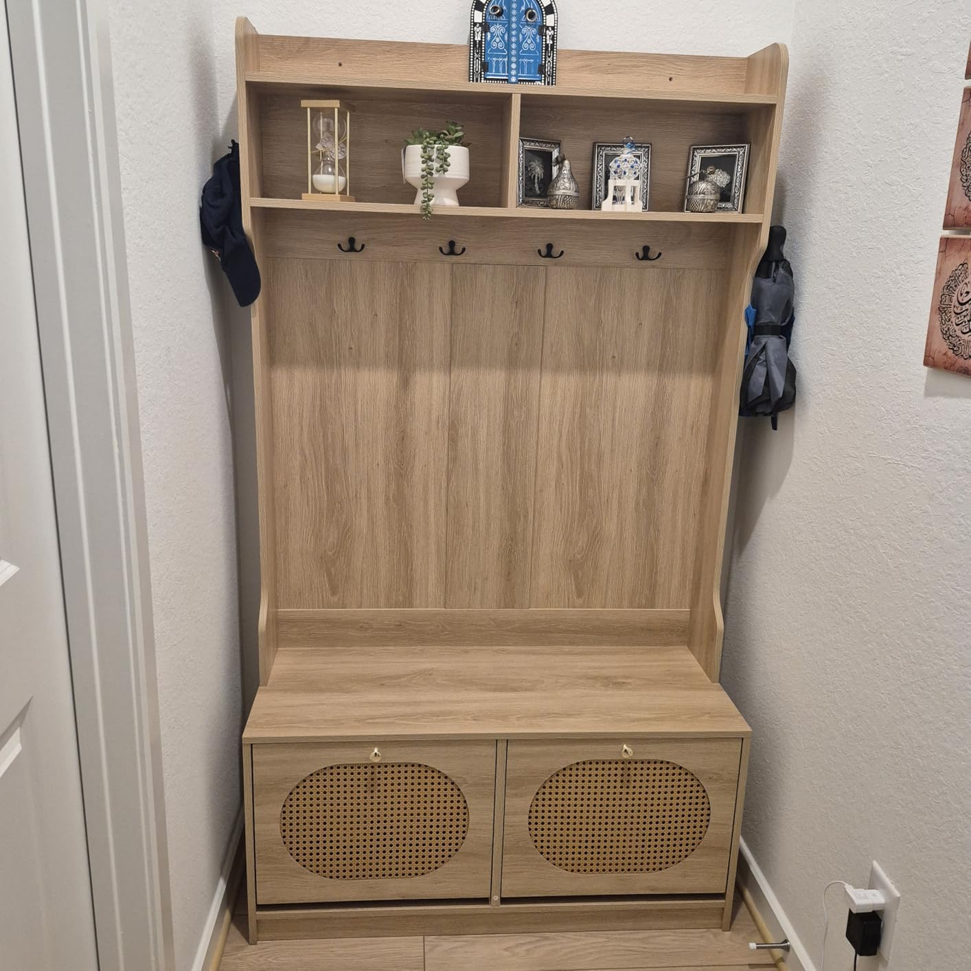 Giantex 4-In-1 Hall Tree with Bench and Shoe Storage, Entryway Bench with Coat Rack & Flip Shoe Racks, Dual-Hook Hangers & PE Rattan Doors, Farmhouse Mudroom Storage Organizer for Living Room, Black customer photo 1