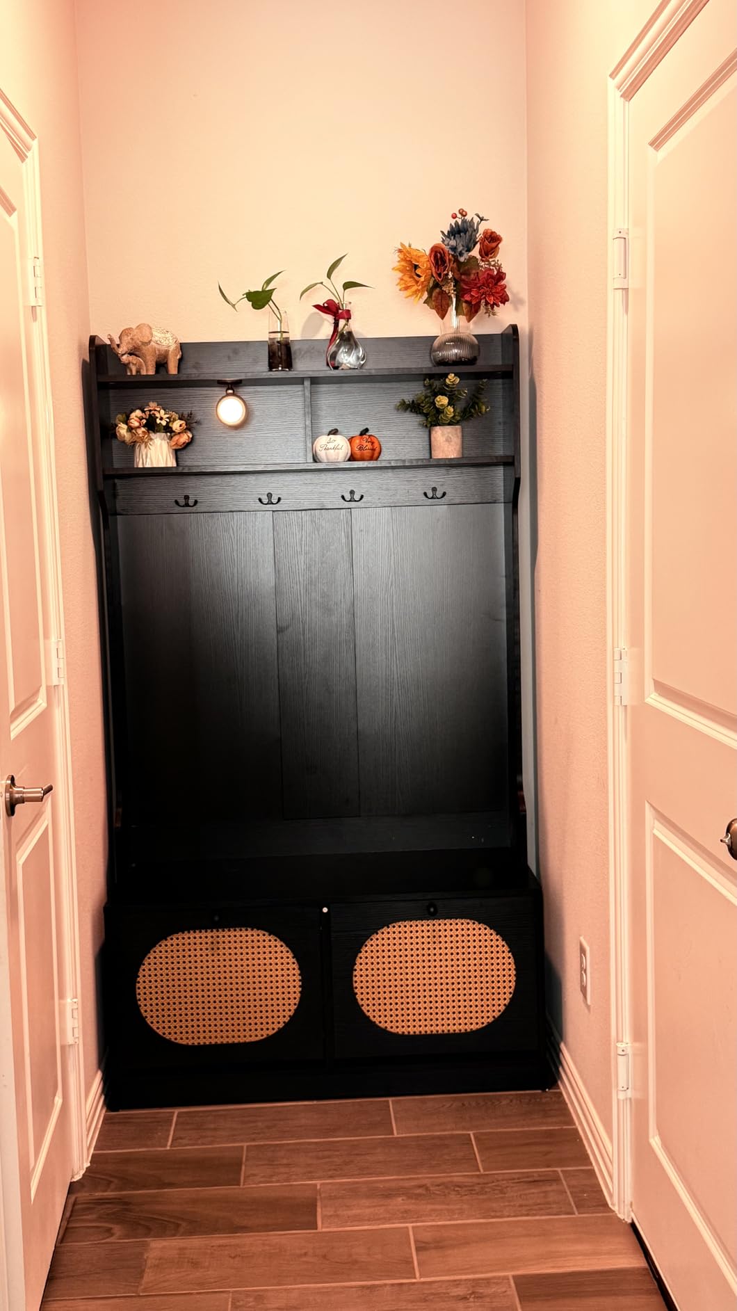 Giantex 4-In-1 Hall Tree with Bench and Shoe Storage, Entryway Bench with Coat Rack & Flip Shoe Racks, Dual-Hook Hangers & PE Rattan Doors, Farmhouse Mudroom Storage Organizer for Living Room, Black customer photo 2