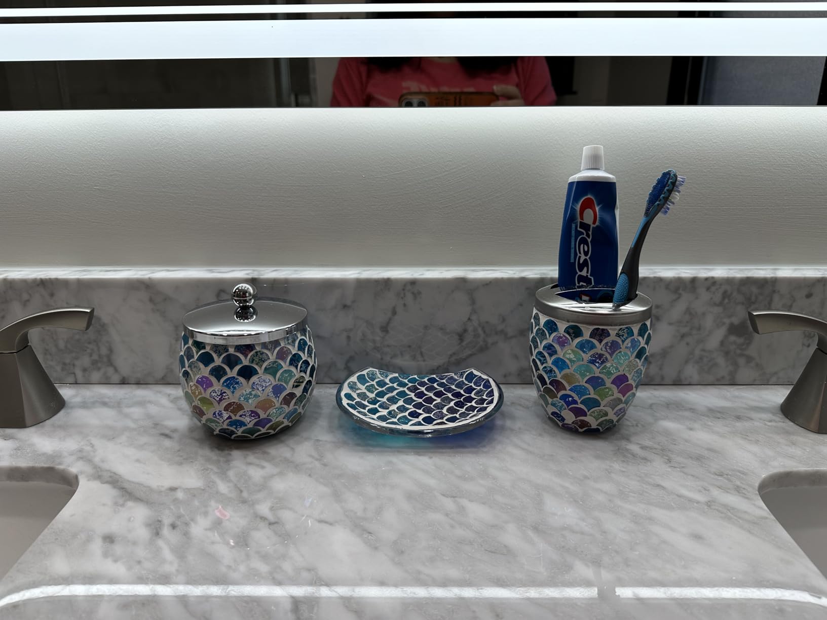 Escenzy Crushed Diamond Glass Bathroom Accessories Set 3 Pcs | Silver Crystal Soap Dispenser and Toothbrush Holder Set with Tumbler | Modern Bathroom Accessory Set and Vanity Organizer customer photo 1