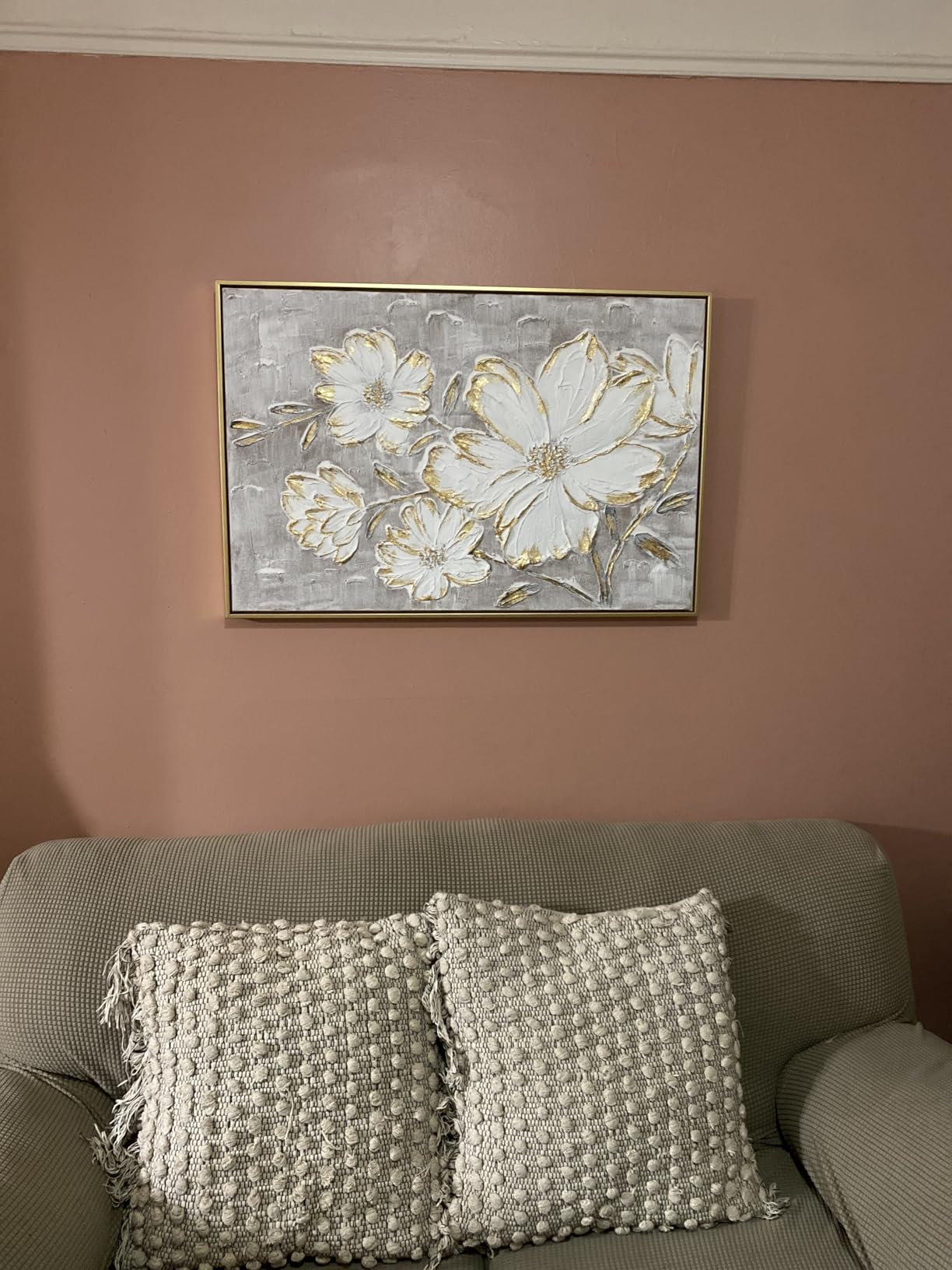 Yihui Arts Textured Gold Foil Floral Wall Art - 3D White & Gold Relief Painting in Floating Frame customer photo 2