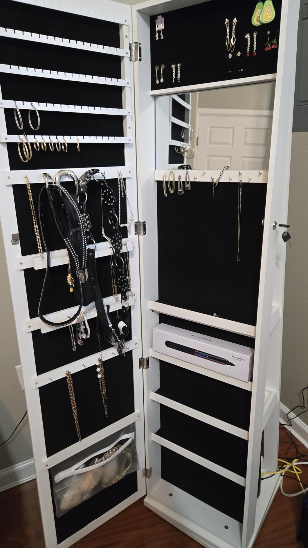 Bextsrack 360° Swivel Jewelry Armoire with Full-Length Mirror, Lockable Standing Jewelry Organizer Cabinet with Interior Mirror & Rear Storage Shelves, 65