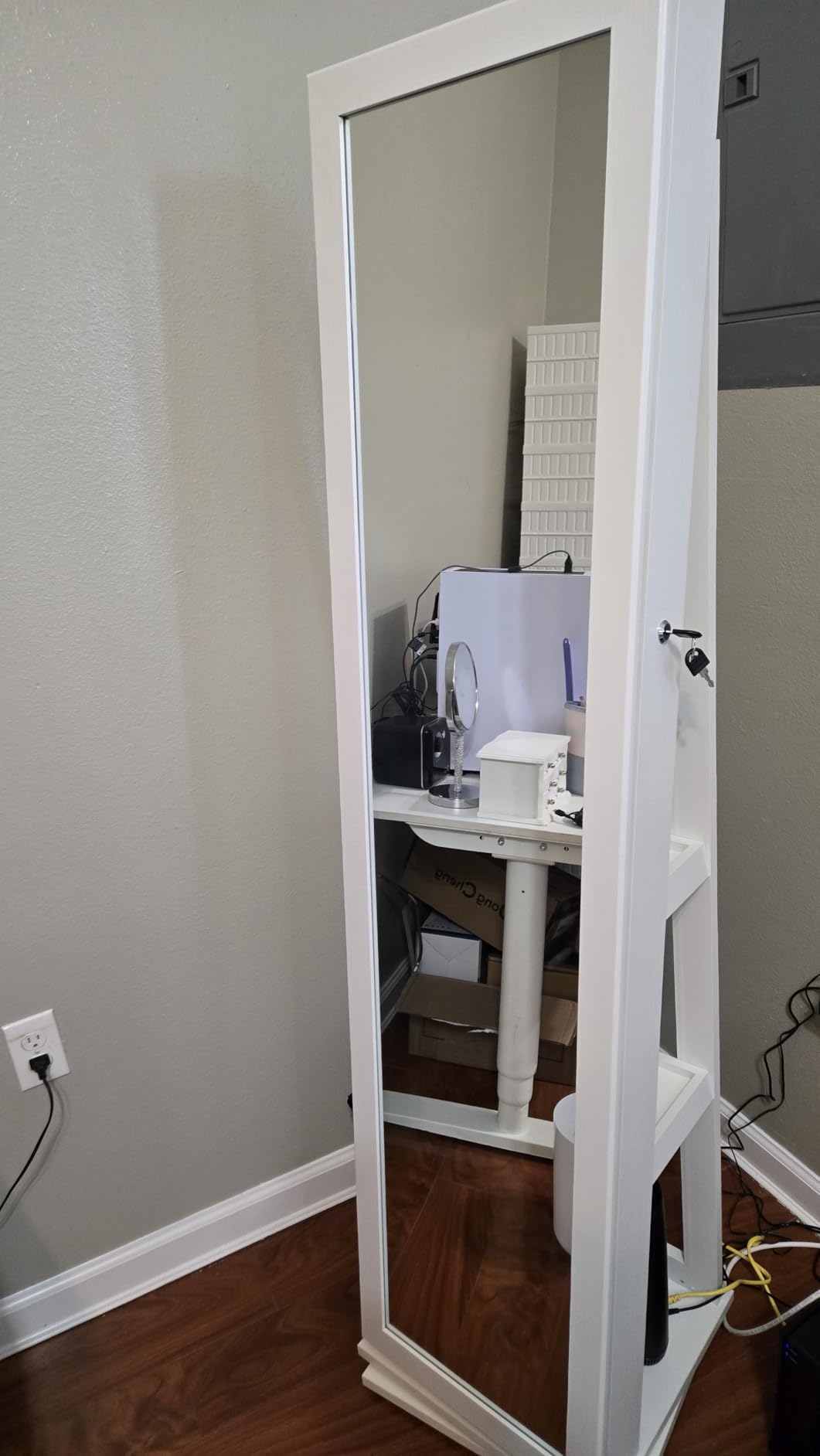 Bextsrack 360° Swivel Jewelry Armoire with Full-Length Mirror, Lockable Standing Jewelry Organizer Cabinet with Interior Mirror & Rear Storage Shelves, 65