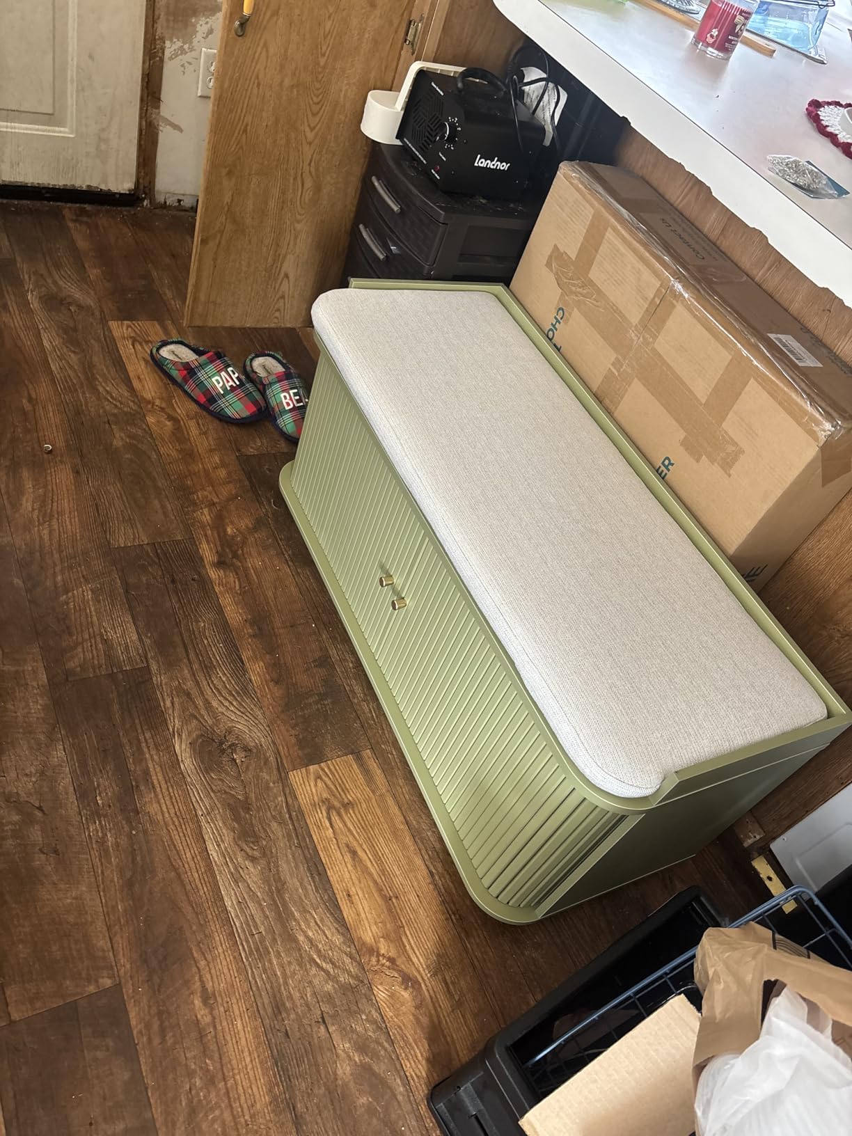 Hall Tree with Bench and Shoe Storage, Entryway Bench with Sliding Door Cabinet, Removable Padded, Metal Wall Hooks and Adjustable Storage Compartments, for Entry, Hallway, Living Room, White customer photo 1