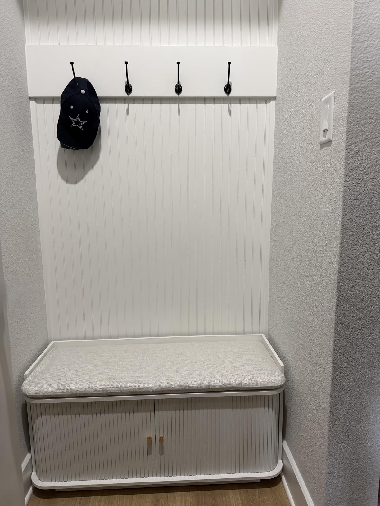 Hall Tree with Bench and Shoe Storage, Entryway Bench with Sliding Door Cabinet, Removable Padded, Metal Wall Hooks and Adjustable Storage Compartments, for Entry, Hallway, Living Room, White customer photo 2