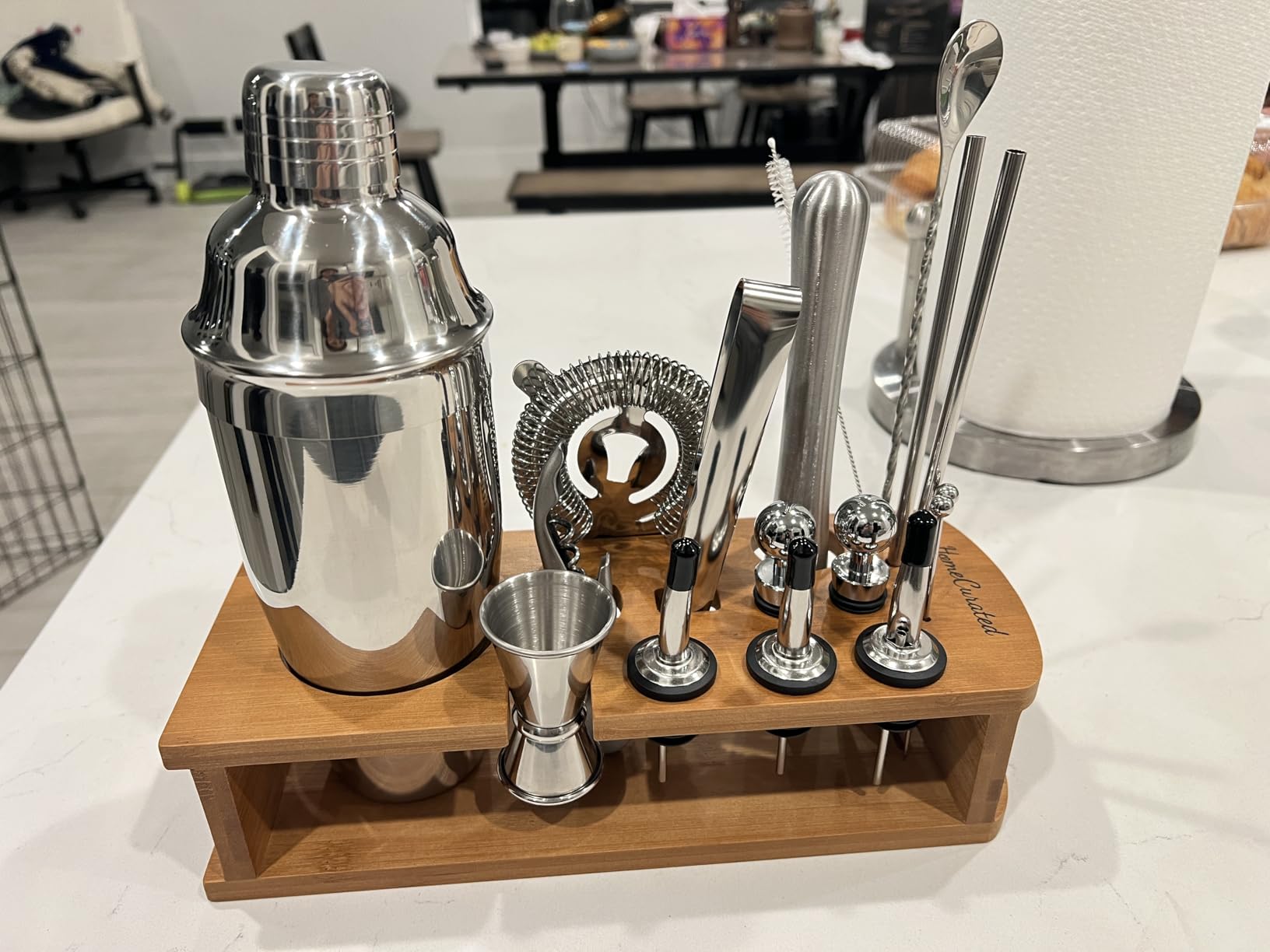 Cocktail Shaker Set,24-Piece Bar Bartender Kit with Stand,Martini Shaker,Jigger,Strainer,Mixer Spoon,Muddler,Liquor Pourers,Tongs,Opener,LCE Ball Mold&LCE Cubes,Bottle Stoppers|Silver customer photo 2