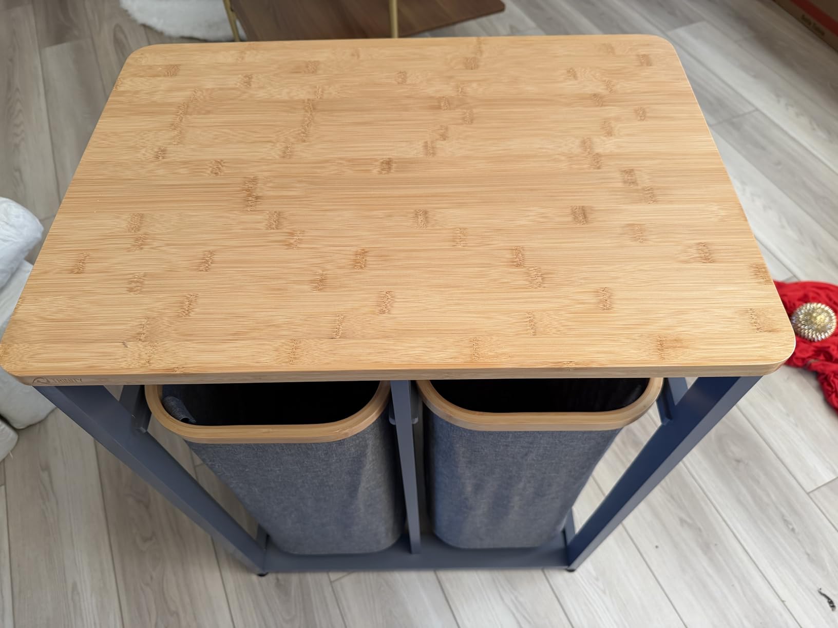 TRINITY EcoStorage Bamboo Wood Laundry Organizer Station with Folding Shelf and 2 Pull-Out Removeable Hamper Bags customer photo 1