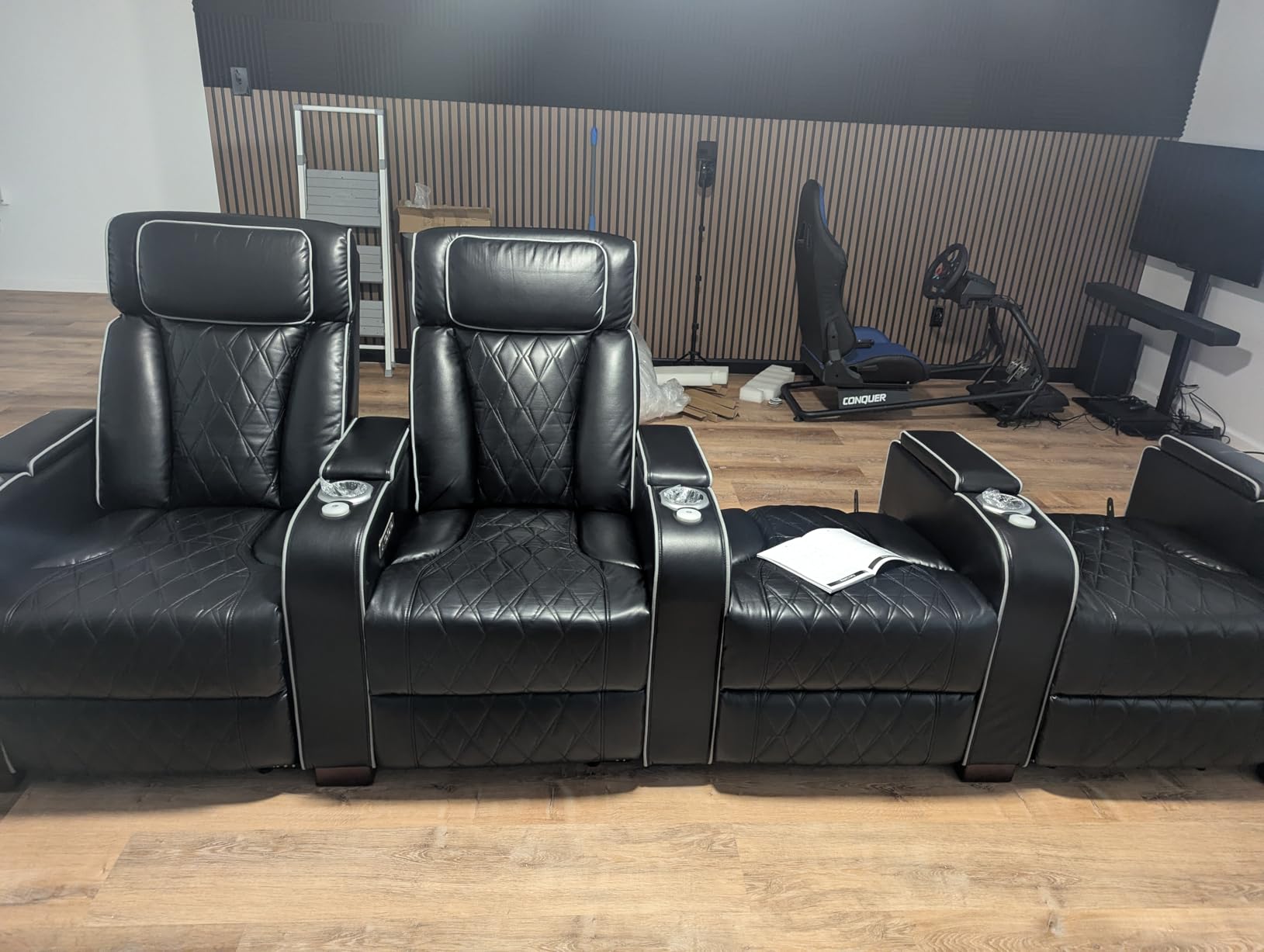 Luxury Home Theater Seating - Power Recliner with Adjustable Headrests, Blue LED Ambient Lighting, Tray Table, USB & Type-C Charging (Grey,4 Seat) customer photo 2