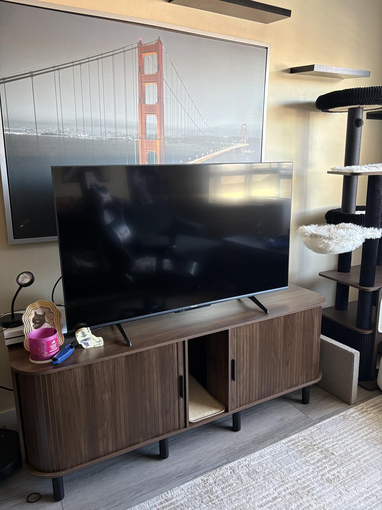 IRONCK 60 Inch Double Cat Litter Box Enclosure Furniture with Built-in Power Outlet & Sliding Door, Hidden Litter Box Cabinet for 2 Cats, Versatile as TV Stand or Sideboard in Walnut customer photo 1