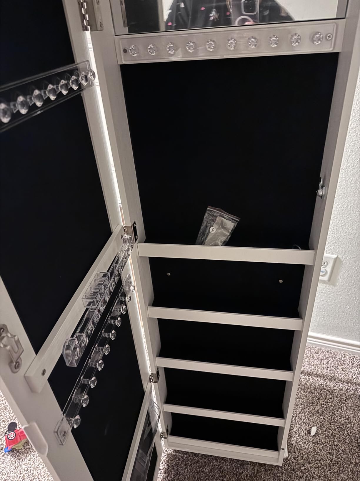 FAVSH 4-In-1 Jewelry Armoire with Full-Length Mirror, 360° Swivel Lockable Jewelry Cabinet Standing with 3 Storage Shelves & Vanity Mirror, Jewelry Organizer with Storage for Gift Idea, White customer photo 2