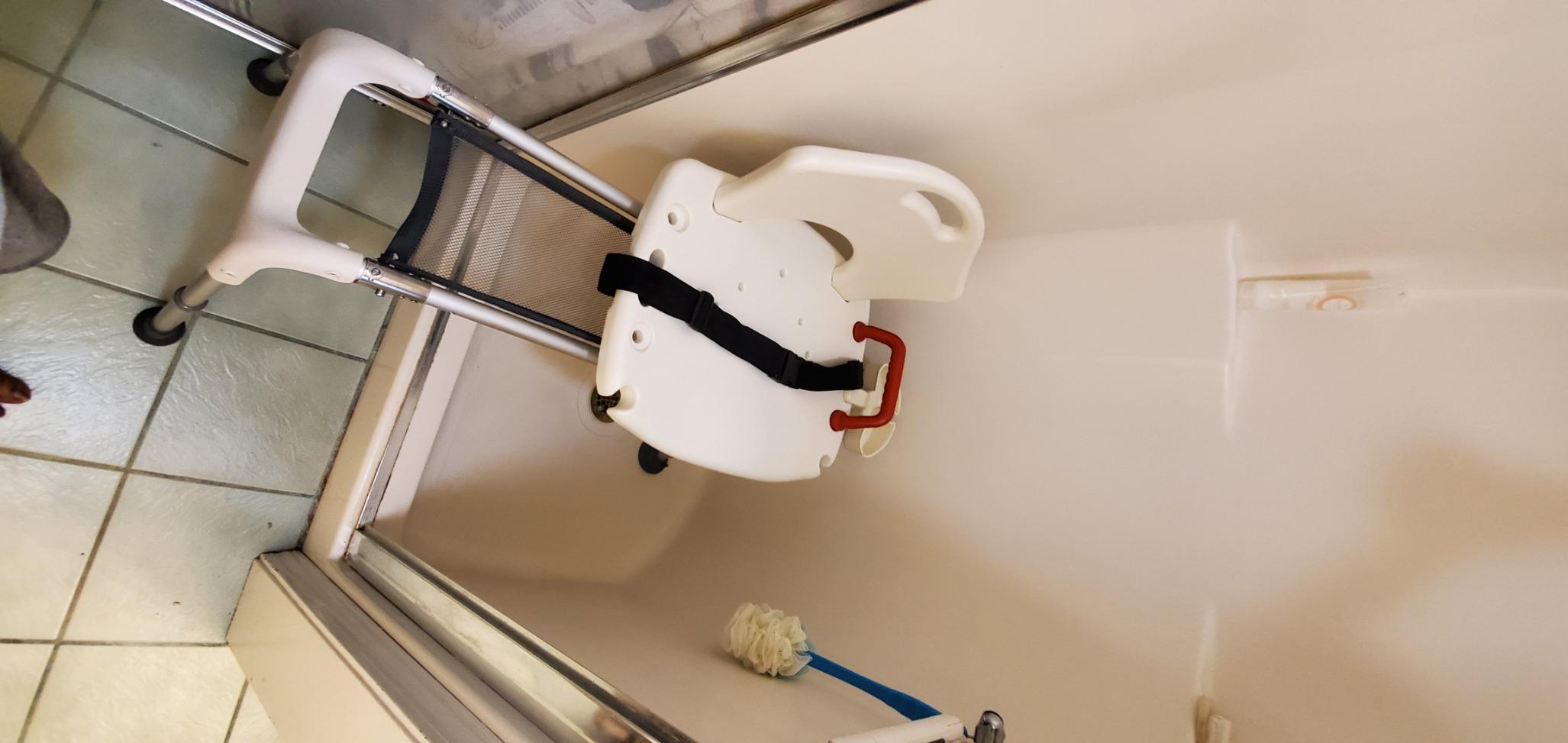 Drive Medical RTL12075 Adjustable Height Sliding Bathtub Transfer Bench Shower Chair with Armrests and Seatbelt, 300 Pound Weight Capacity, White customer photo 2