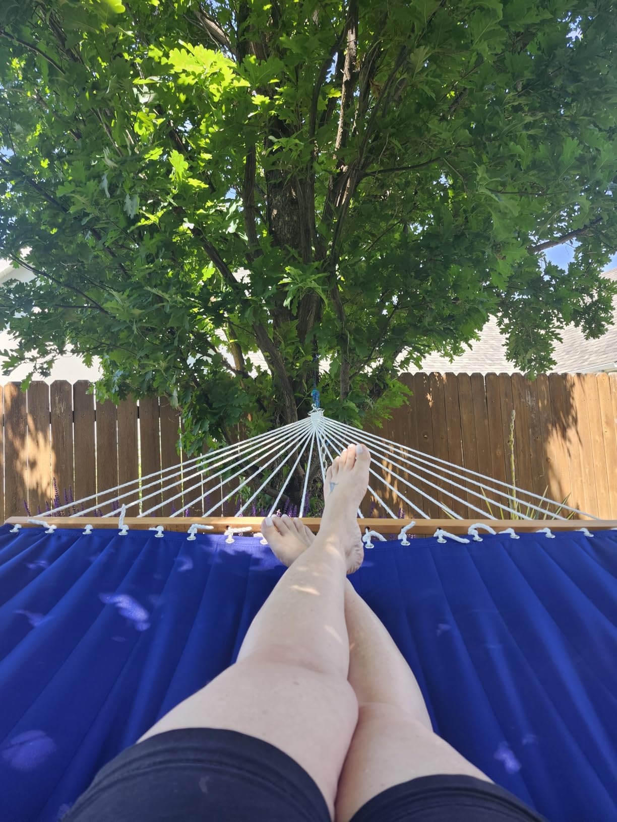 Lazy Daze Hammocks 12 FT Double Quilted Fabric Hammock with Spreader Bar and Detachable Pillow, 2 Person Hammock for Outdoor Patio Backyard Poolside, 450lbs Weight Capacity, Natural customer photo 2