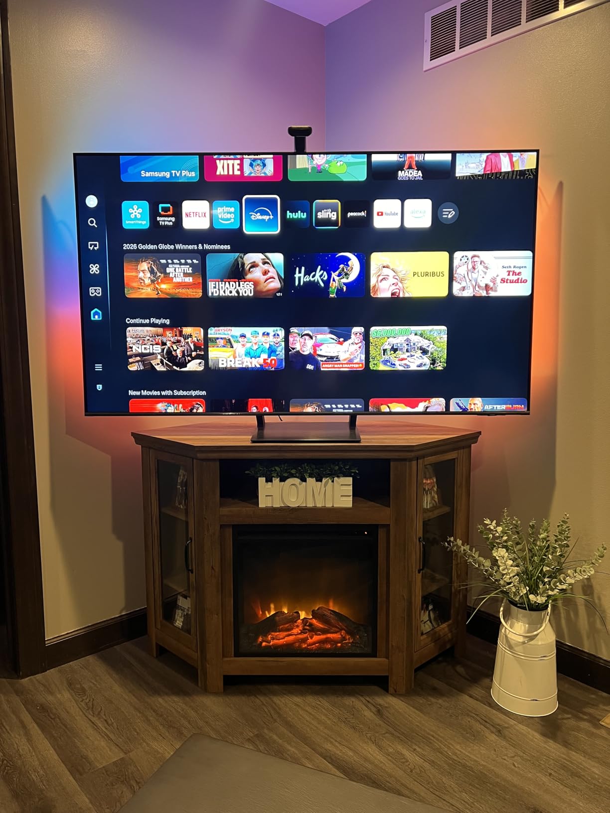 Walker Edison Alcott Classic Glass Door Fireplace Corner TV Stand for TVs up to 55 Inches, 48 Inch, White Oak customer photo 1