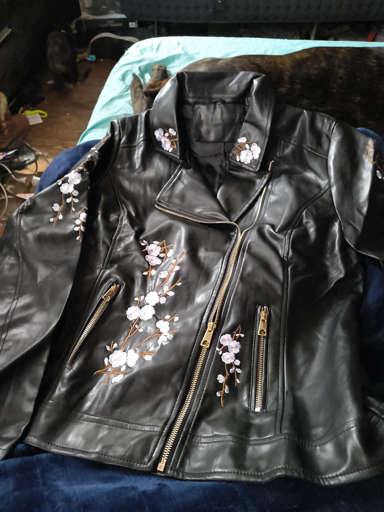 Bellivera Women Faux Leather Jacket Studded Rivet Floral Moto Biker Coat customer photo 2