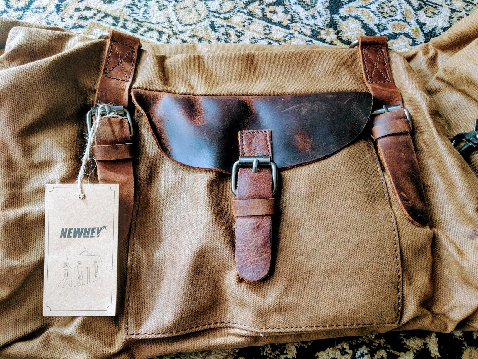 NEWHEY 55L Travel Duffel Bag, Waterproof Waxed Canvas & Leather Weekender Bag for Men, Large Carry-on Overnight Bag for 4-5 Day Business Trips & Weekend Getaways, Brown customer photo 1