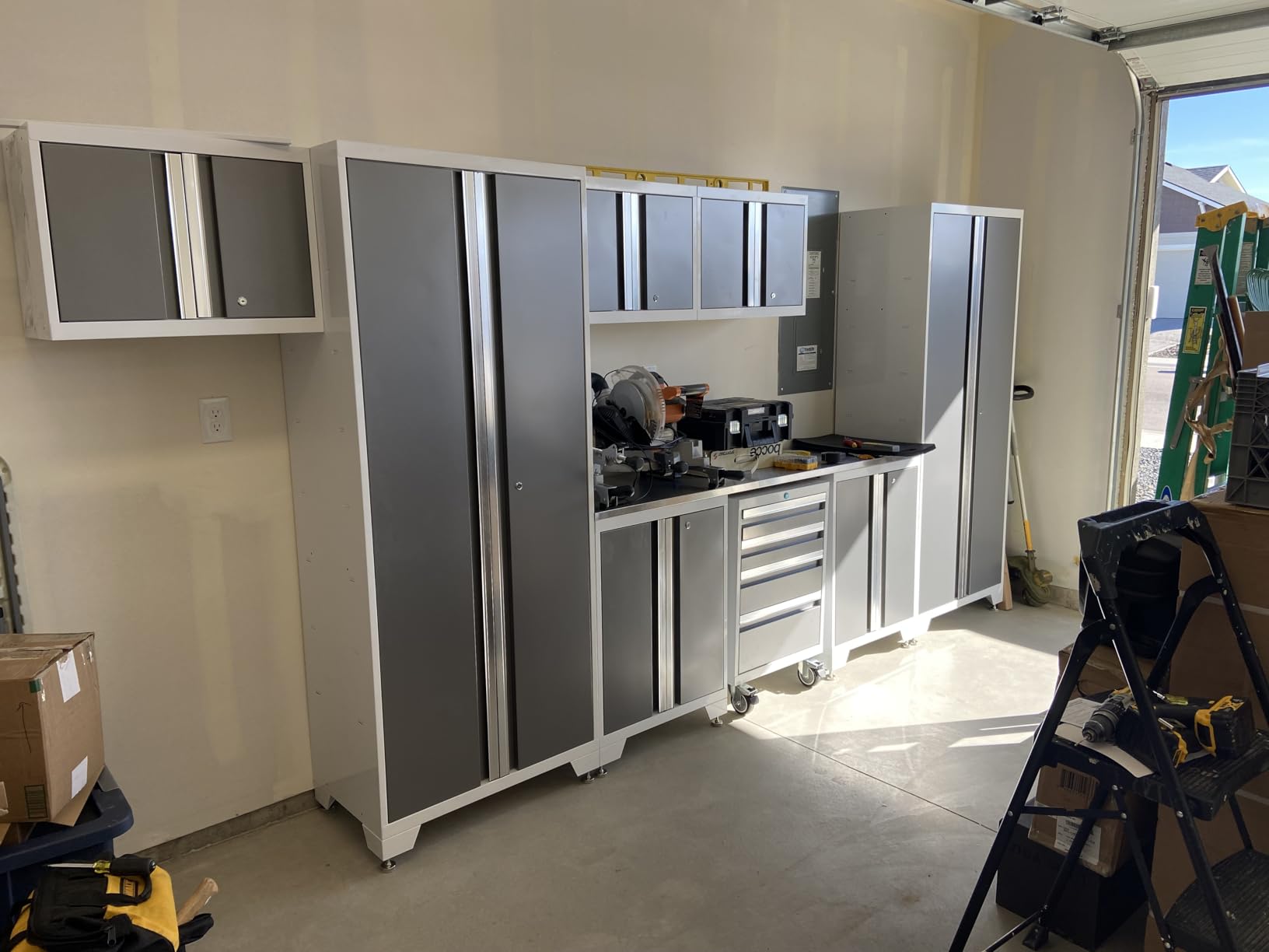 NewAge Products Garage Storage Cabinets Steel Bold Series 9 Piece Sets Includes Bamboo Worktop, Multi-Use Lockers, Wall, Base and Rolling Tool Cabinets, Gray, 50408 customer photo 1
