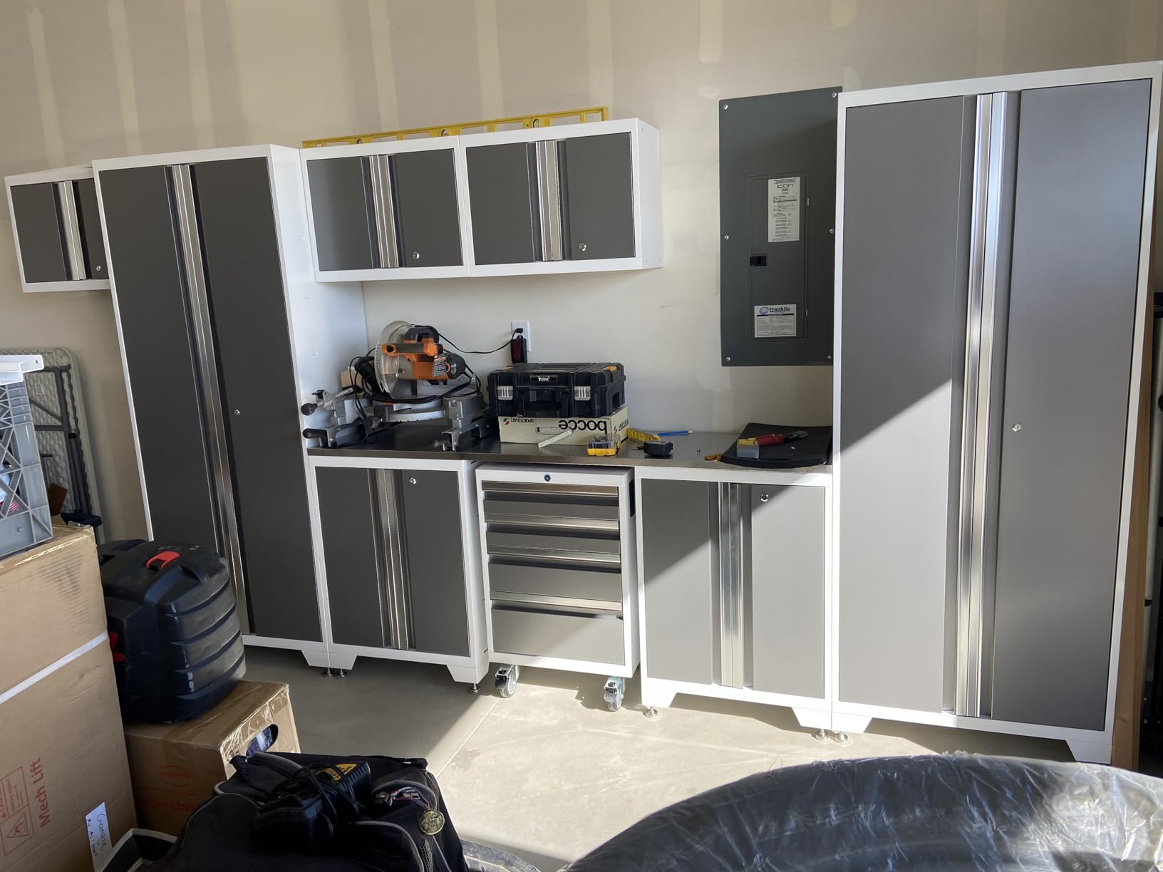NewAge Products Garage Storage Cabinets Steel Bold Series 9 Piece Sets Includes Bamboo Worktop, Multi-Use Lockers, Wall, Base and Rolling Tool Cabinets, Gray, 50408 customer photo 2