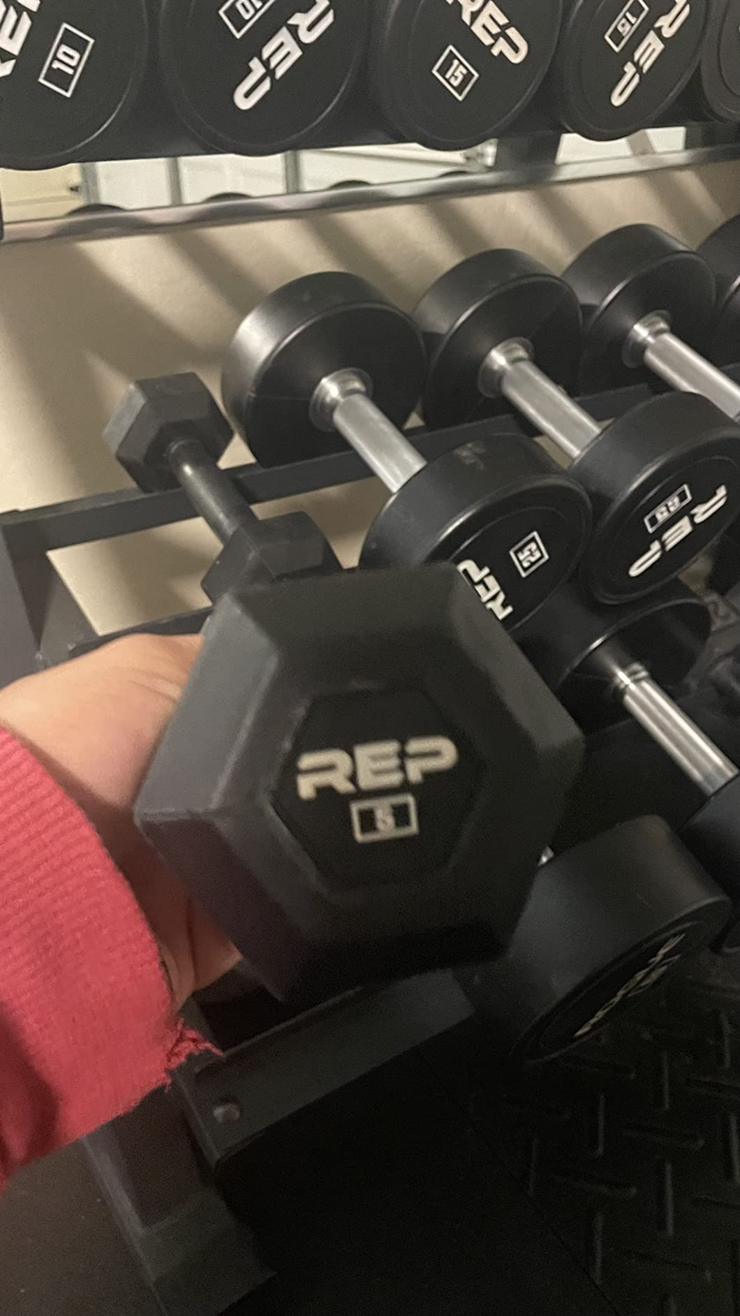 REP Fitness Urethane Coated Round Dumbbells Set with Rack, 5 to 100 lbs, Steel Core, Chrome Handles, Professional Weights for Home Gym Strength Training customer photo 1