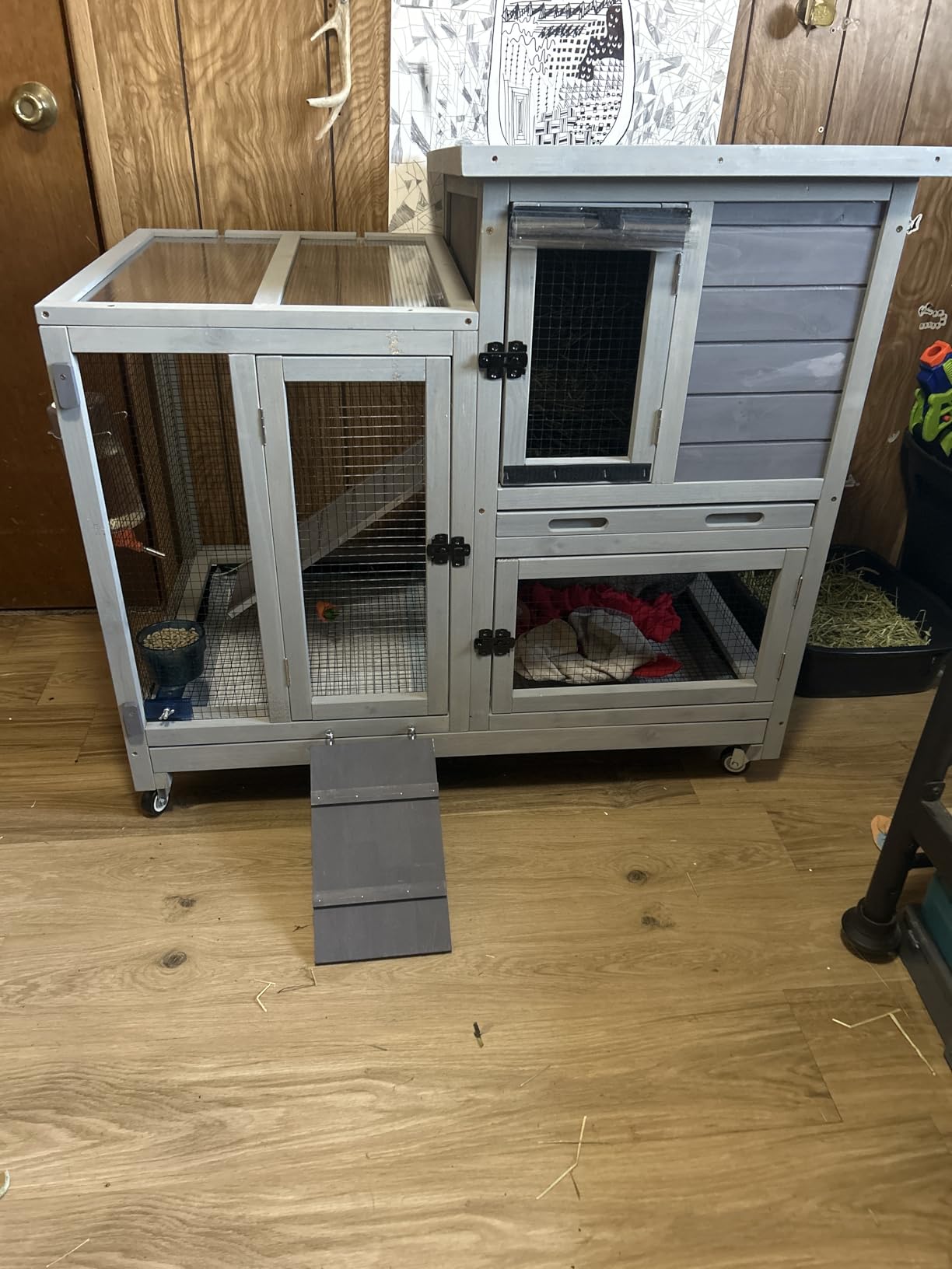 Aivituvin Rabbit Hutch, Indoor Bunny Cage with Run Outdoor Rabbit House with Two Deeper No Leak Trays - 4 Casters Included (Grey) customer photo 2