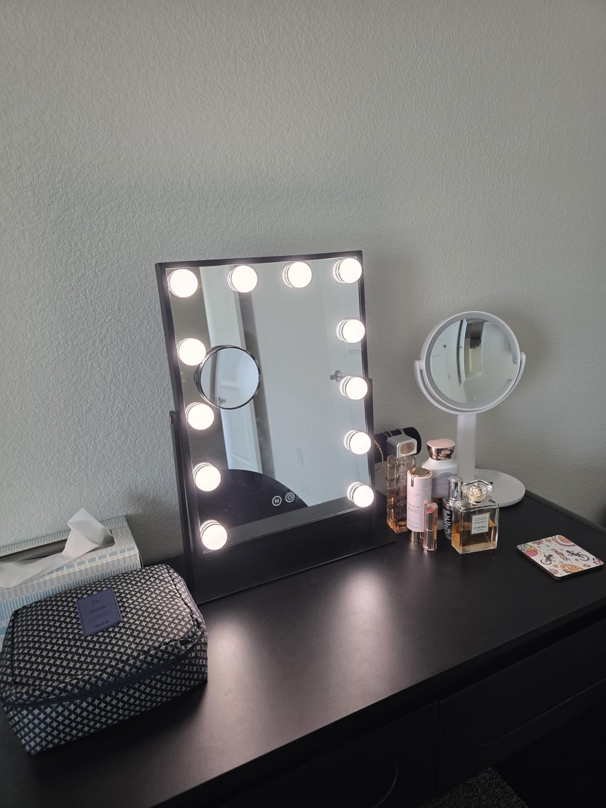 FENCHILIN Vanity Mirror with Lights, 19''x12'' Makeup Hollywood Mirror for Desk with 12 Bulbs Light Smart Touch Control 3 Colors Dimmable Detachable 10X Magnification Tabletop 360°Rotation customer photo 1