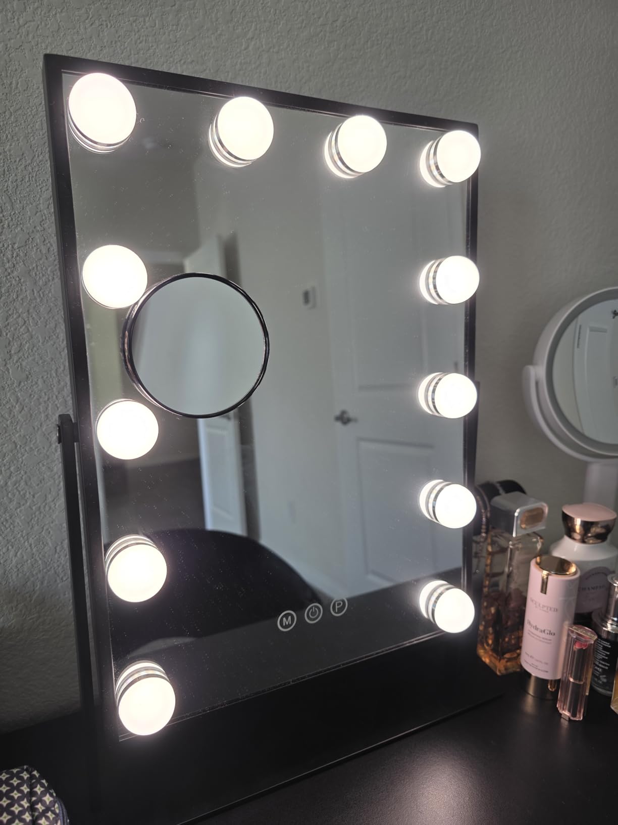FENCHILIN Vanity Mirror with Lights, 19''x12'' Makeup Hollywood Mirror for Desk with 12 Bulbs Light Smart Touch Control 3 Colors Dimmable Detachable 10X Magnification Tabletop 360°Rotation customer photo 2