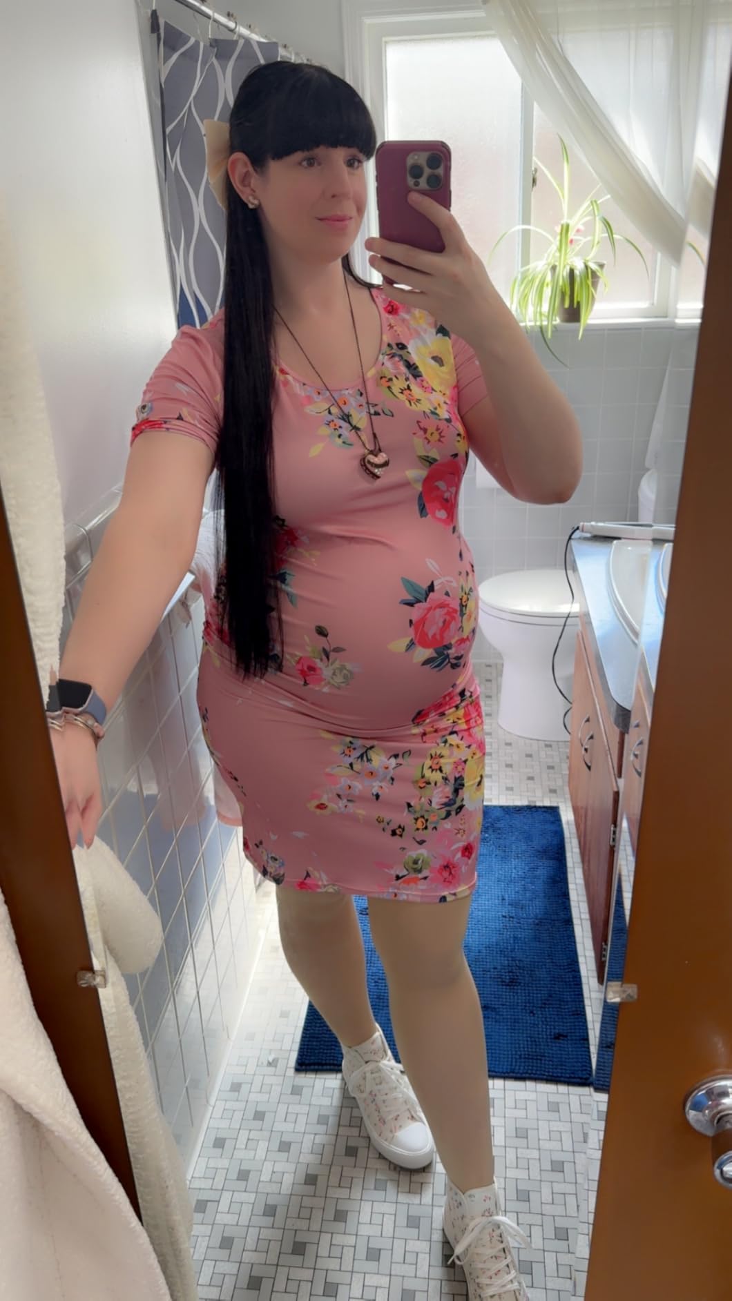 MUSIDORA Solid Color & Floral Side Ruch Maternity Dress/Short Sleeve Bodycon Dress Baby Shower Daily Wear customer photo 1