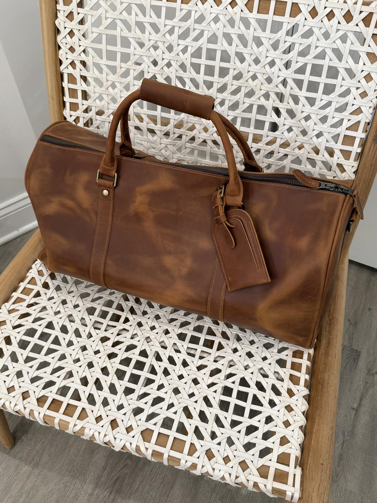 Leather Travel Duffel Bag, Mens Classic Gift Leather Weekend Bag Overnight Full Grain Retro Sport Gym Carry on Luggage YKK Zipper (Brown) customer photo 1