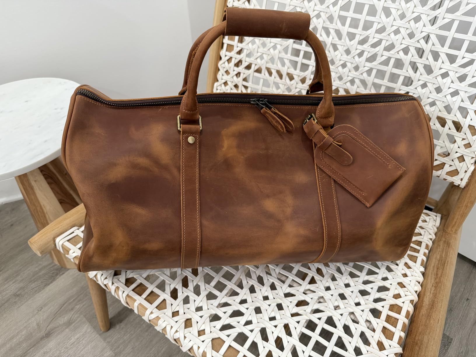 Leather Travel Duffel Bag, Mens Classic Gift Leather Weekend Bag Overnight Full Grain Retro Sport Gym Carry on Luggage YKK Zipper (Brown) customer photo 2