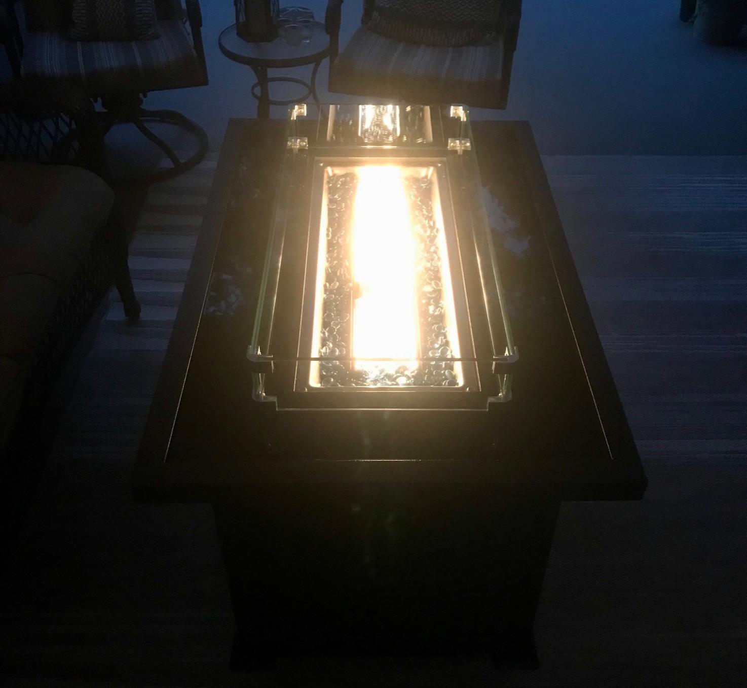 U-MAX 44in Outdoor Propane Gas Fire Pit Table, 50,000 BTU Auto-Ignition Gas Firepit with Glass Wind Guard, Black Tempered Glass Tabletop & Blue Glass Rock, Brown PE Rattan, CSA Certification customer photo 1