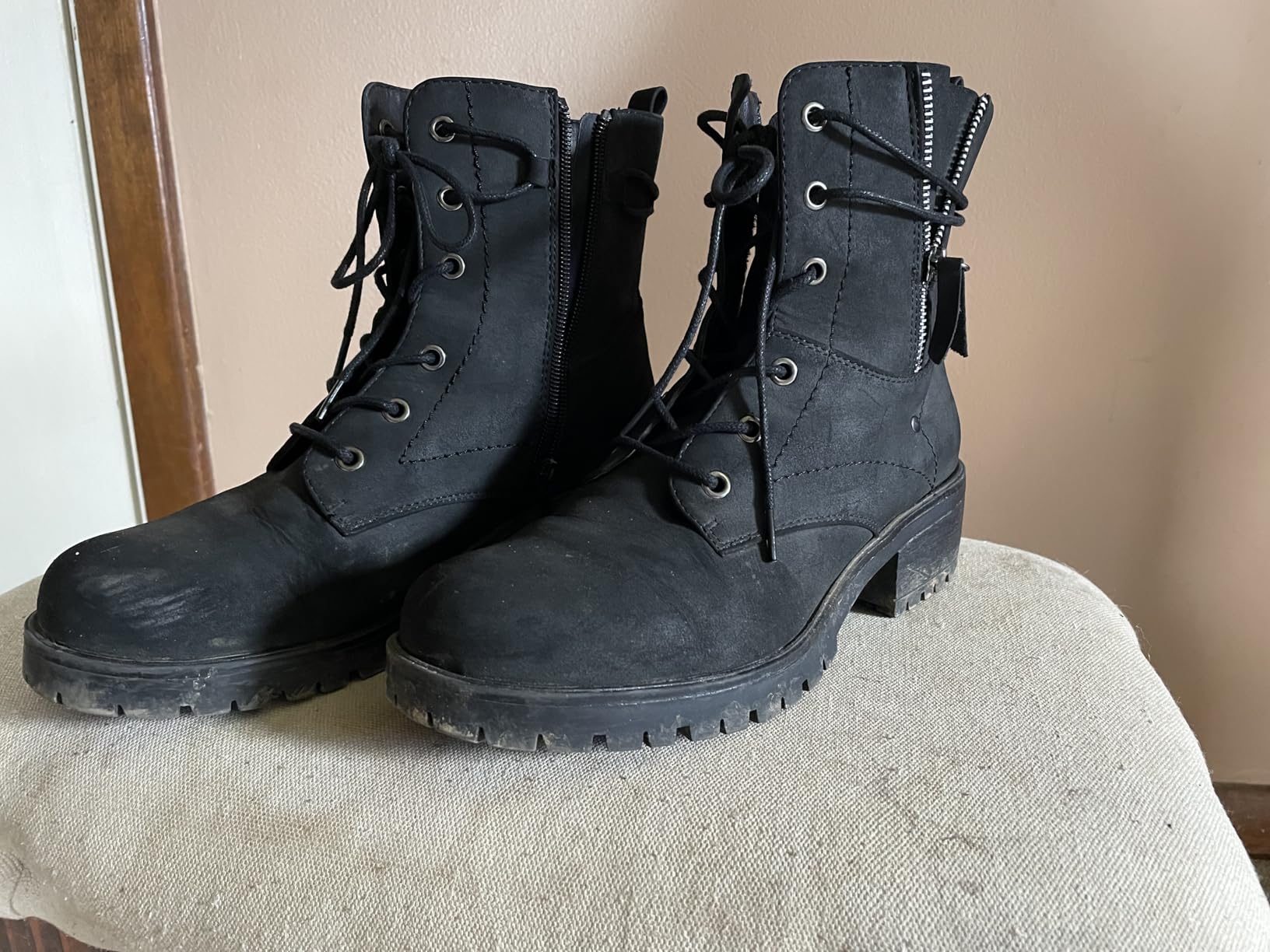 Dunes Women's Kobe Heeled Combat Boots - Lace-Up with Side Zipper, Memory Foam Insoles, Faux Fur Lining, Vegan Nubuck Leather, Wide Widths Available customer photo 2