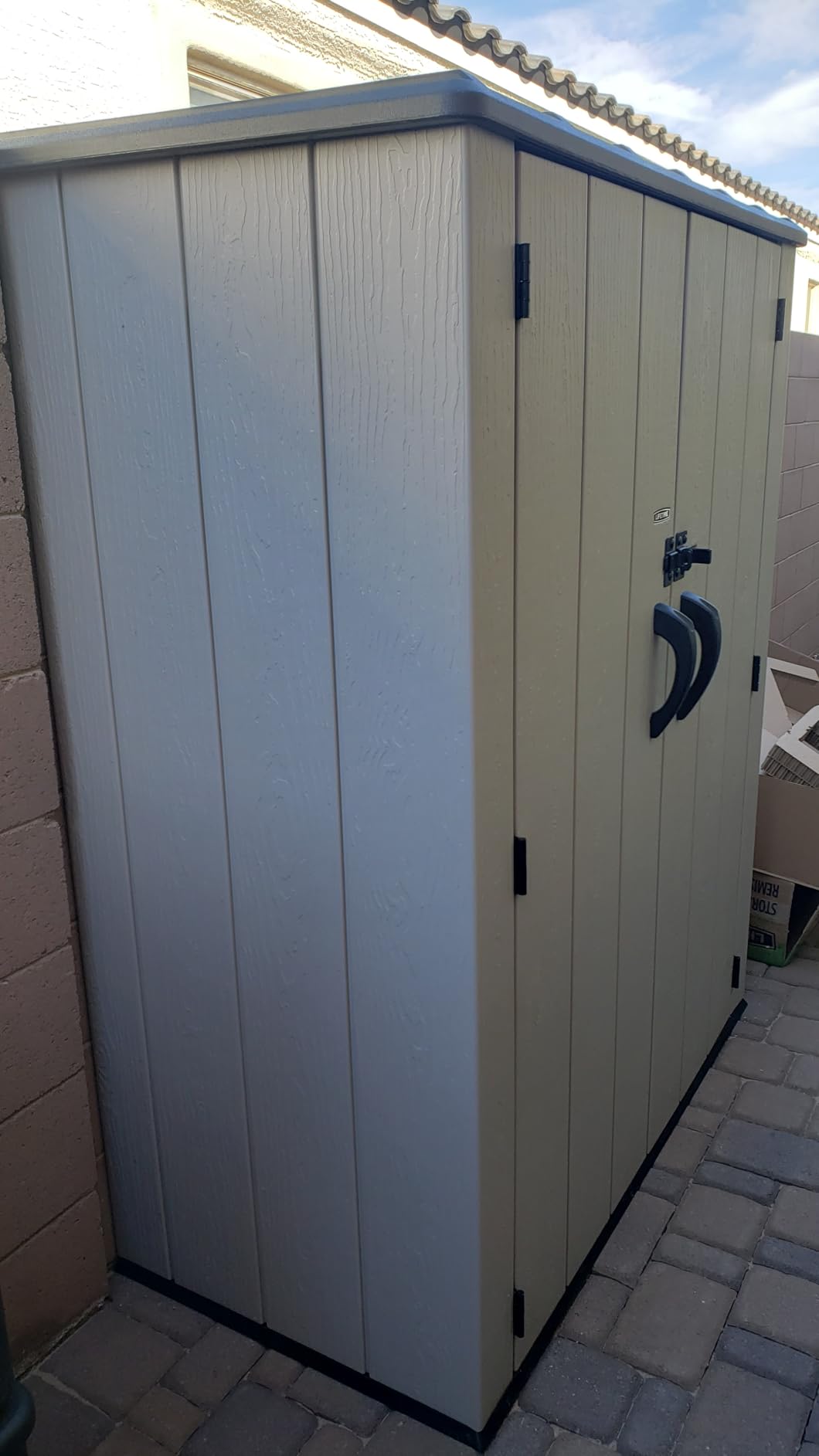 Lifetime Vertical Storage Shed, Desert Sand, Resin Outdoor Tool Shed with Lockable Doors and Weather-Resistant Panels customer photo 2