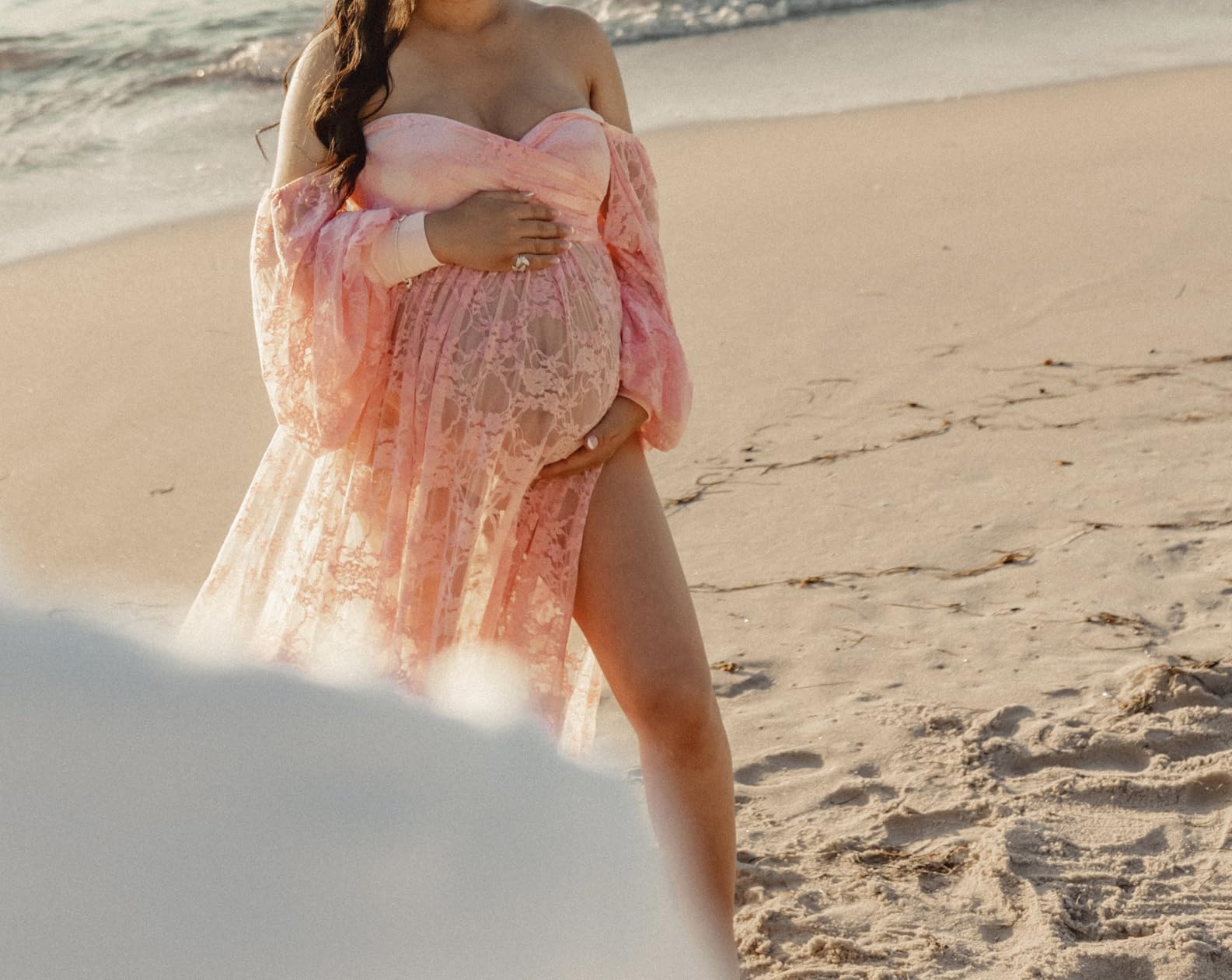 Saslax Soft Stretchy Lace Off Shoulder Doubly Split A-line Skirt Maternity Dress Pregnancy Maxi Gown for Photoshoot customer photo 2