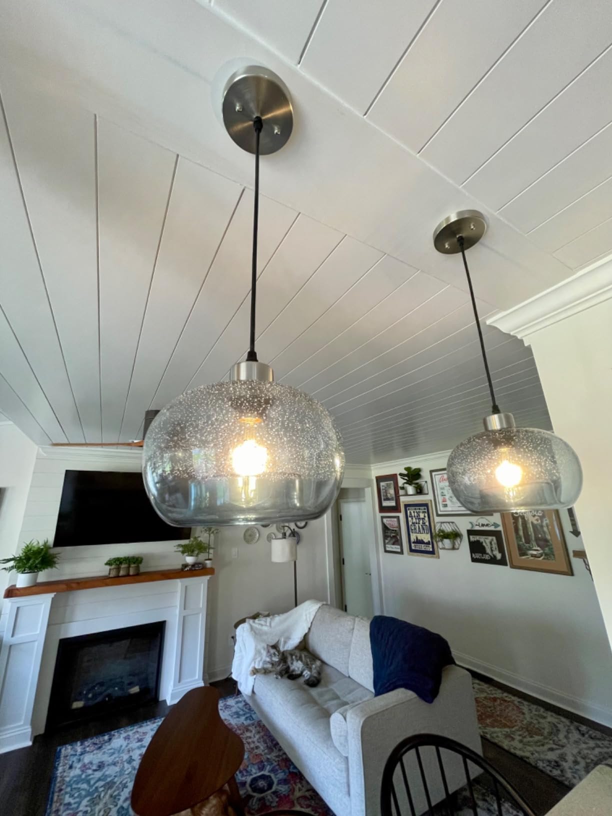 CASAMOTION Hand Blown Glass Pendant Lights Kitchen Island, Marble Blue Color Modern Rustic Style Ceiling Hanging Light Fixtures, 2 Pack customer photo 2