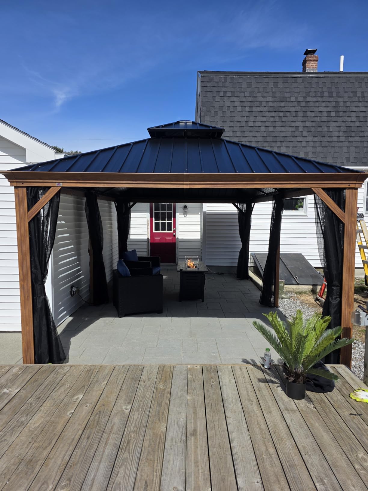 PURPLE LEAF 10' X 12' Outdoor Hardtop Gazebo for Patio Galvanized Steel Double Roof Permanent Canopy Teak Finish Coated Aluminum Frame Pavilion Gazebo with Netting customer photo 1