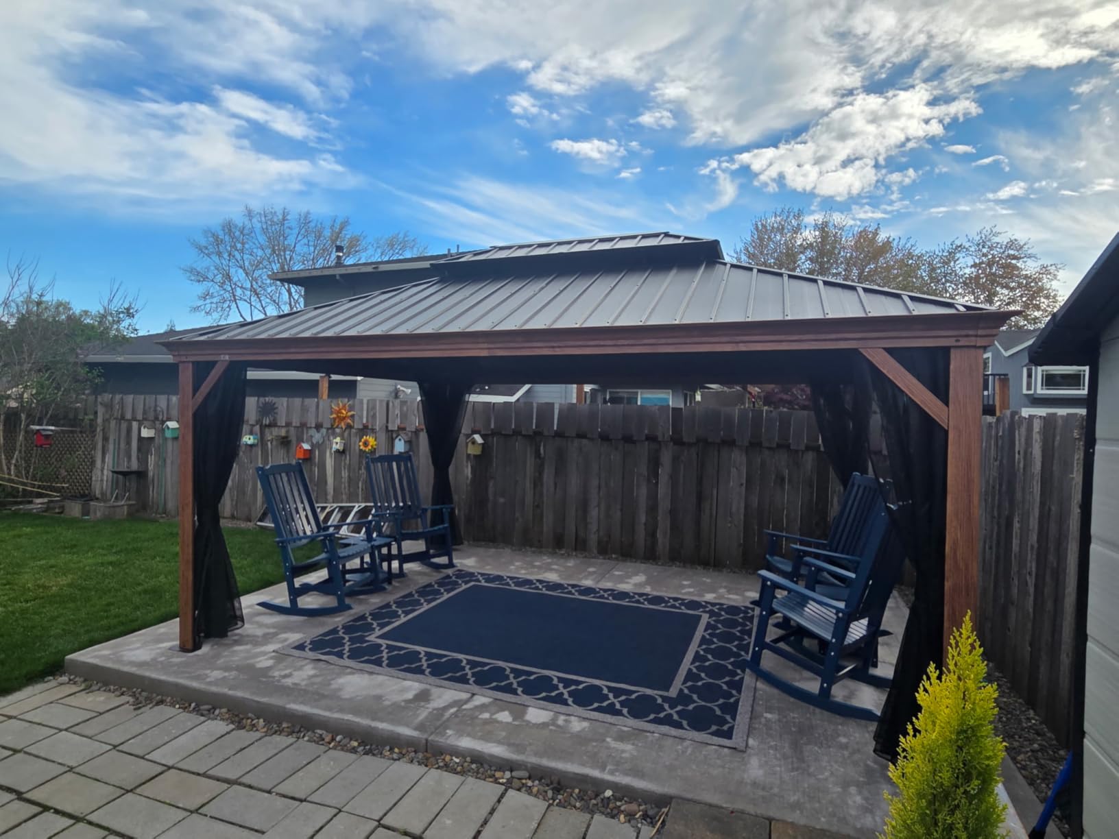 PURPLE LEAF 10' X 12' Outdoor Hardtop Gazebo for Patio Galvanized Steel Double Roof Permanent Canopy Teak Finish Coated Aluminum Frame Pavilion Gazebo with Netting customer photo 2