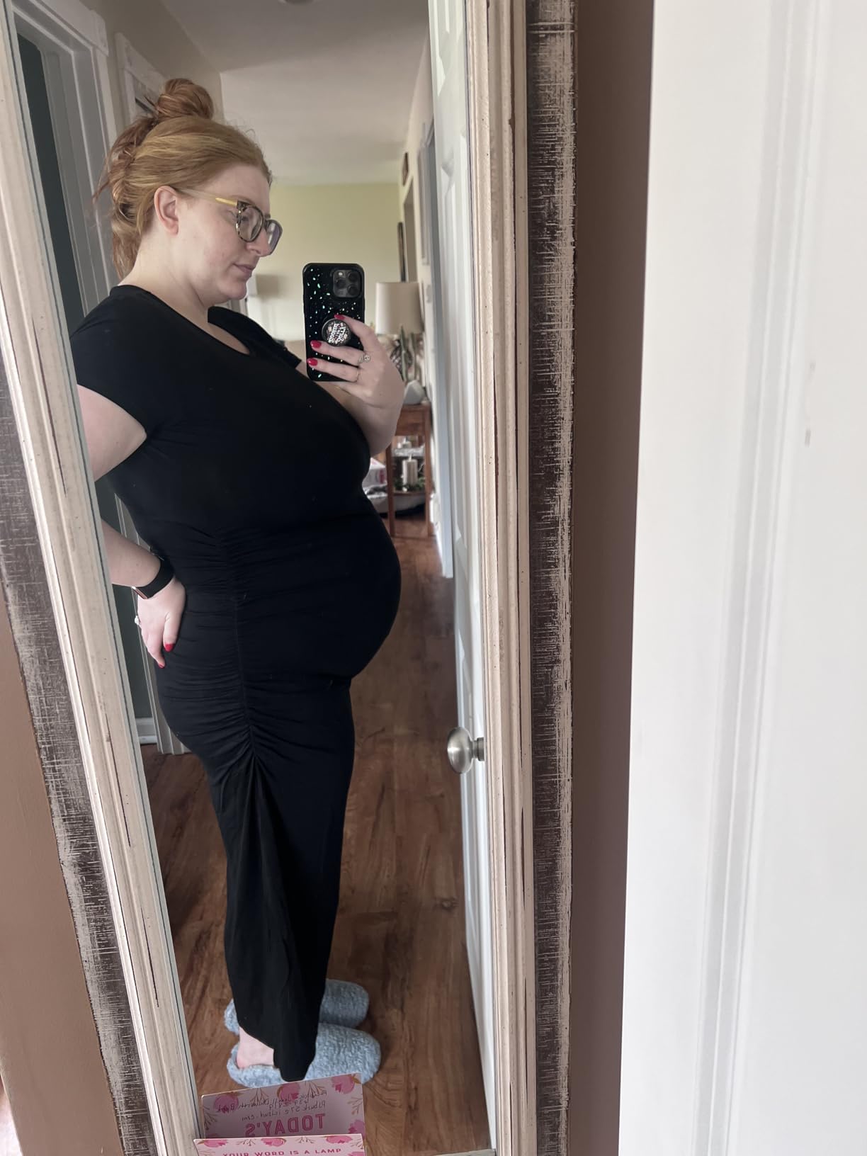 Smallshow Women's Split Long Maternity Dress Short Sleeve Ruched Pregnancy Clothes customer photo 2