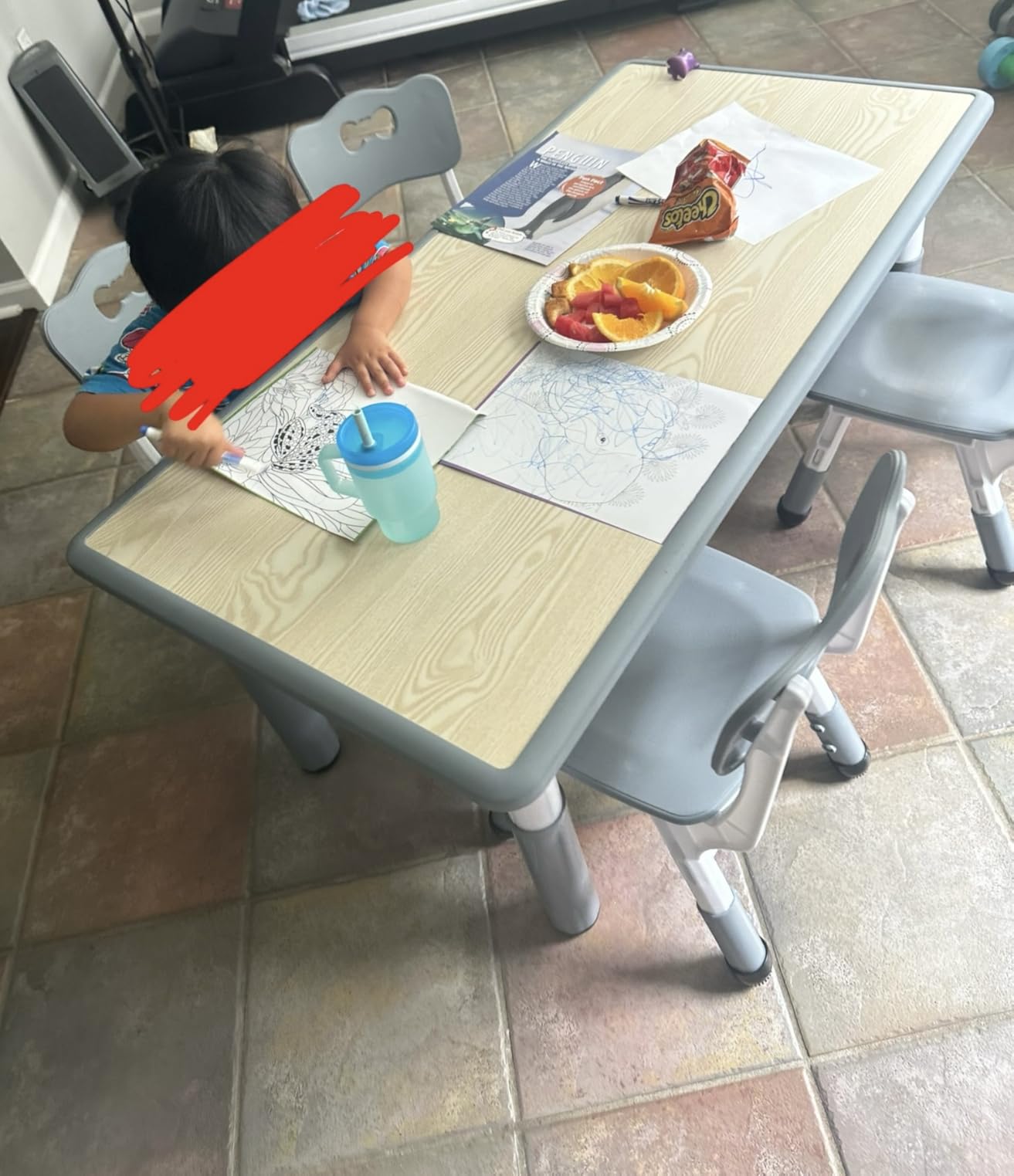Brelley Kids Table and 4 Chairs Set, Height Adjustable Toddler Table and Chair Set, Graffiti Desktop, Non-Slip Legs, Max 300lbs, Children Multi-Activity Table for Ages 2-8 customer photo 2