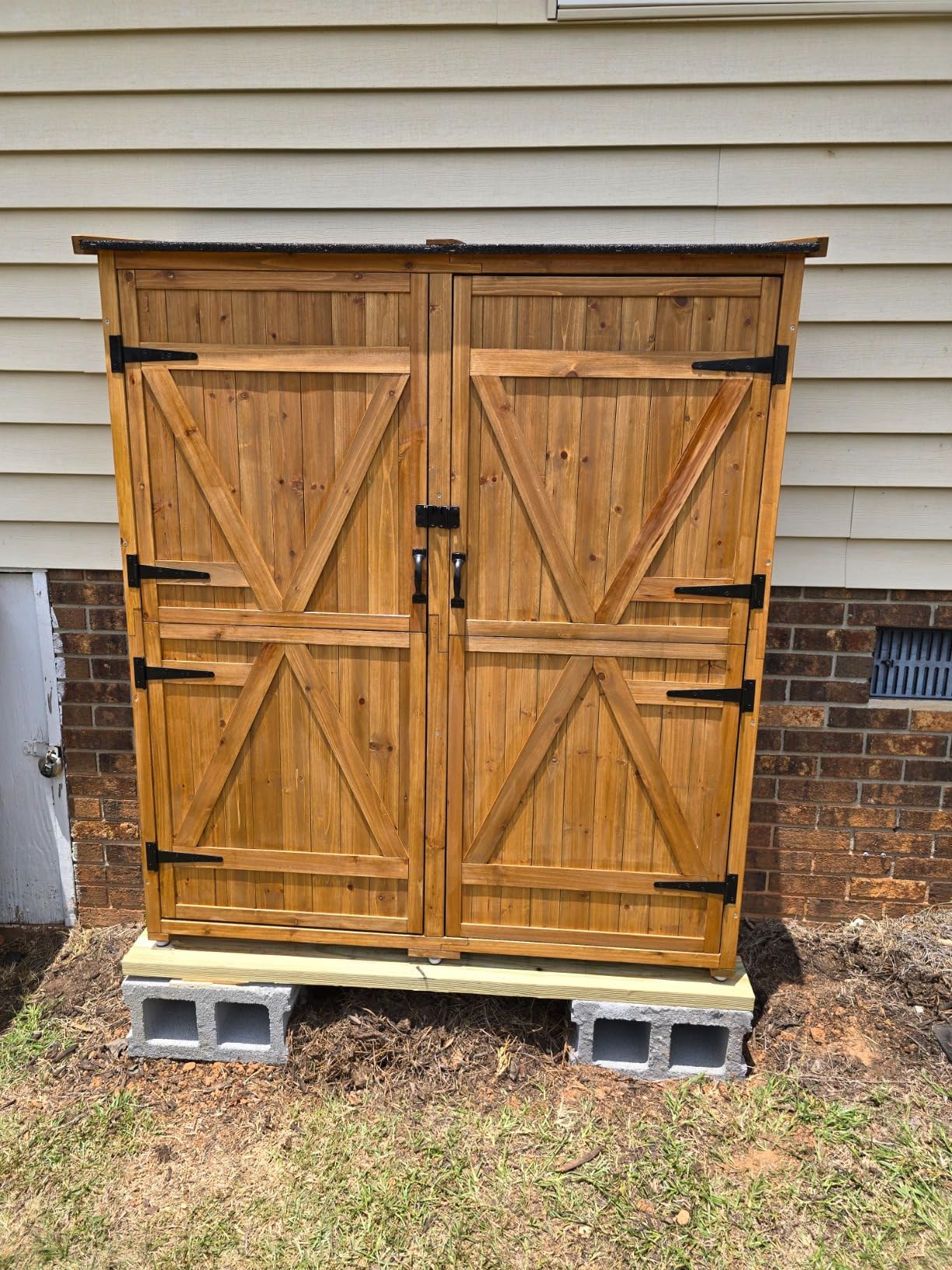 Gizoon Outdoor Storage Cabinet with 3 Shelves, Double Lockable Wooden Garden Shed with Waterproof Roof, Outside Vertical Tall Tool Shed for Yard Patio Lawn Deck-Natural customer photo 1