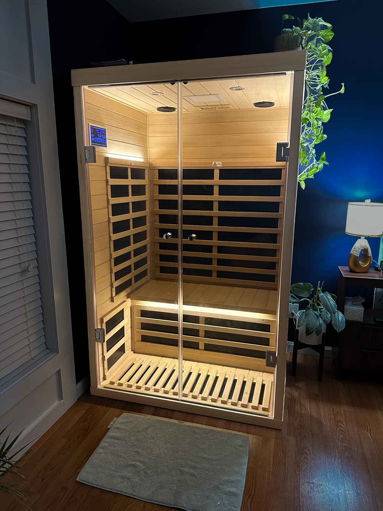 Far Infrared Wooden Sauna Room, 2-3 Person Home Sauna Canadian Hemlock Indoor Corner Sauna Spa, 2 Bluetooth Speakers, 2 LED Reading Lamp, 3 Chromotherapy Lights customer photo 2