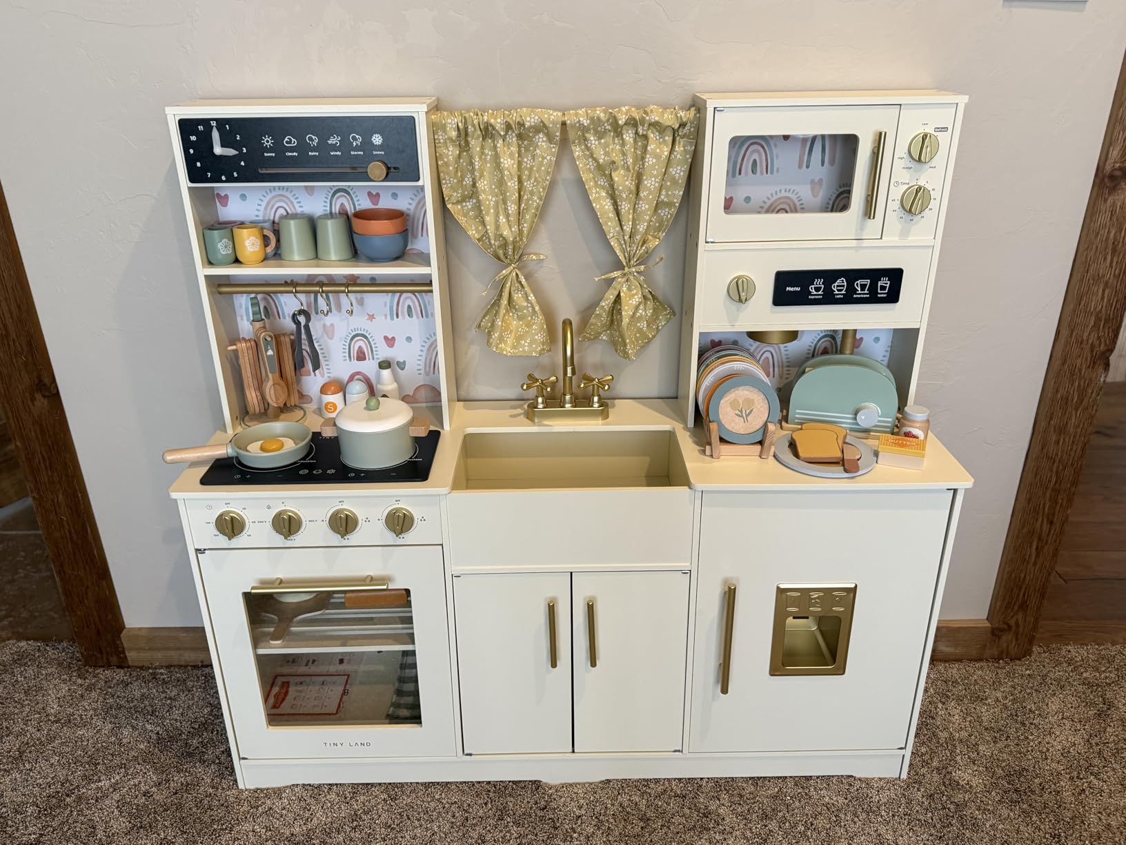 Tiny Land Play Kitchen for Kids, Toy Kitchen Set with Plenty of Play Features, New Modern Kids Wooden Play Kitchen Designed in Trendy Home Style with Curtains, Gift for Ages 3+ customer photo 2