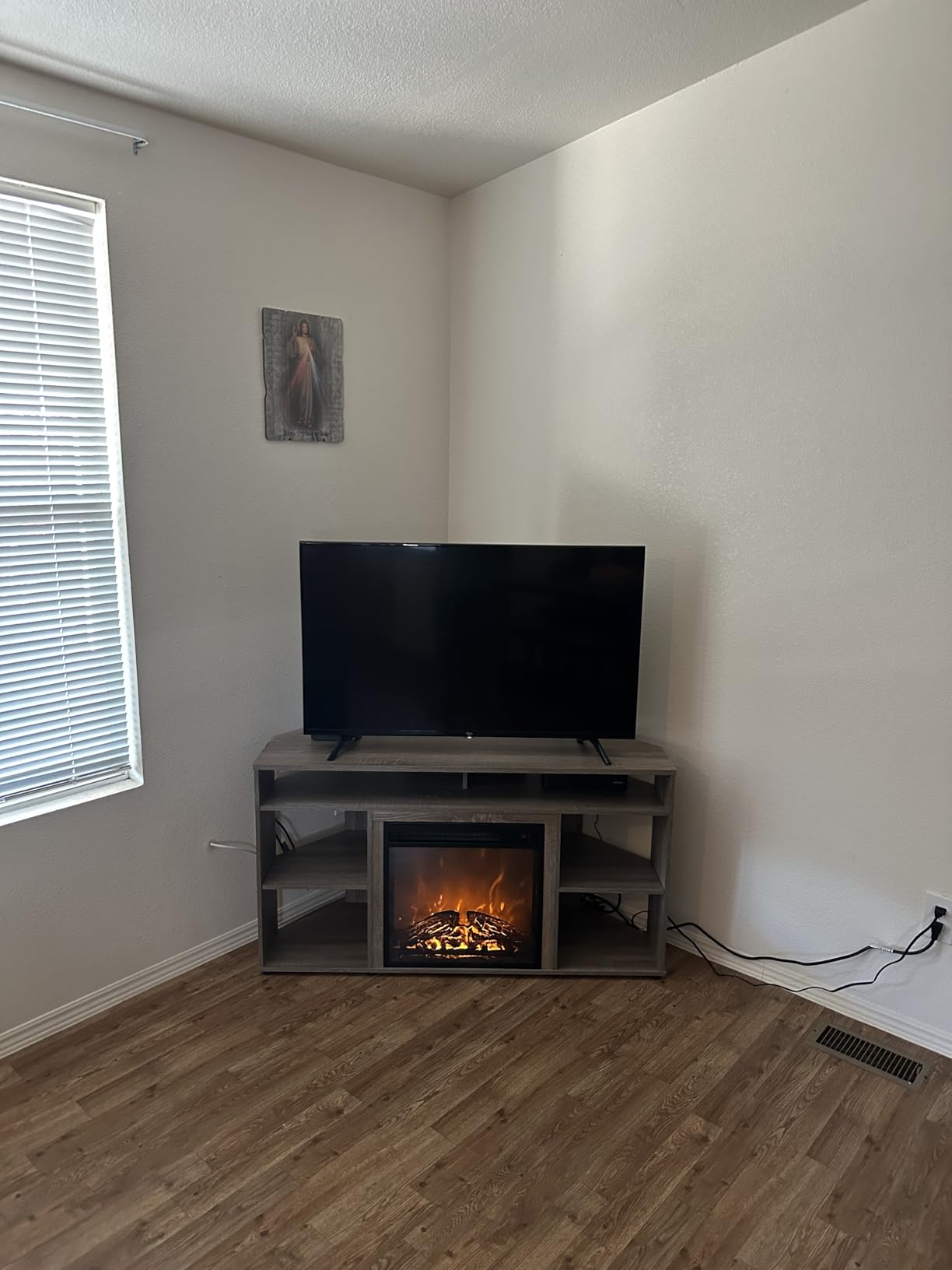 Furinno Jensen Corner TV Stand with Fireplace for TV up to 55 Inches, French Oak Grey customer photo 2