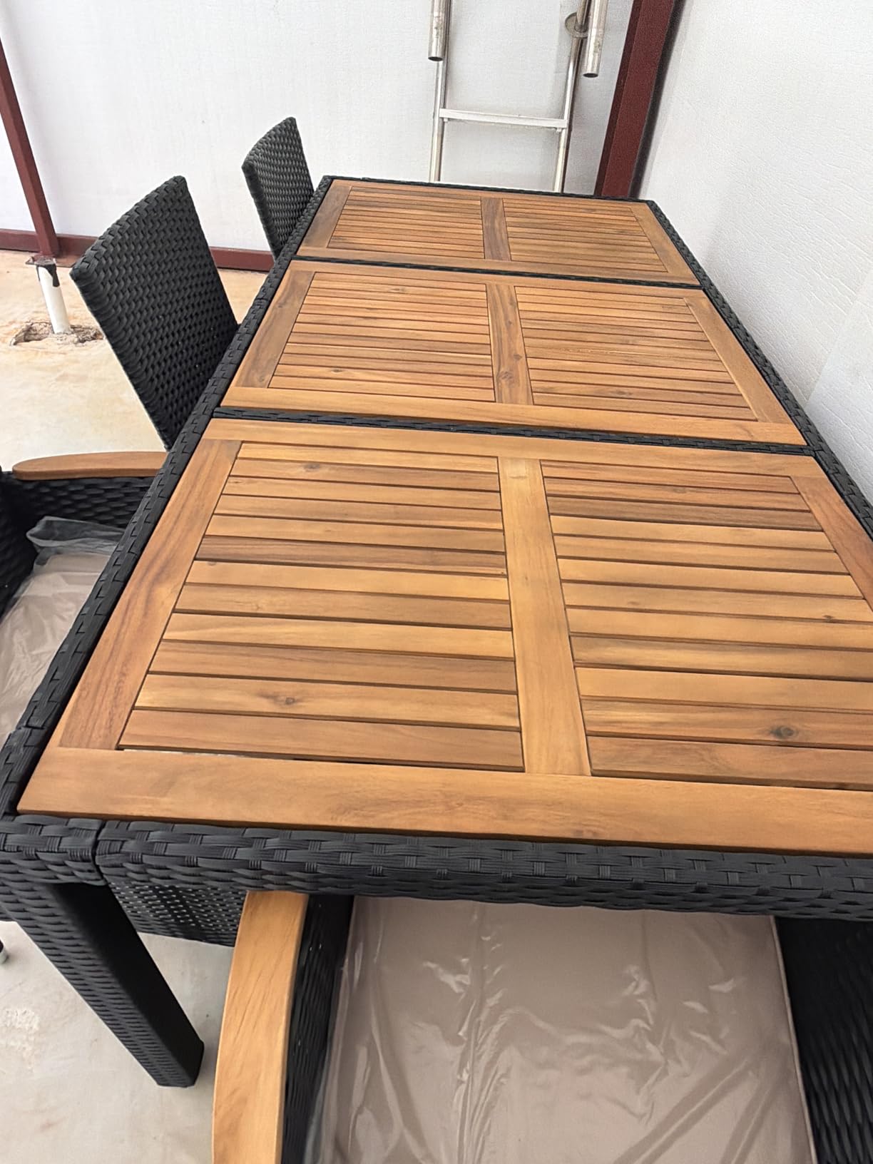Devoko Outdoor Patio Dining Sets 9 Pieces Wicker Outdoor Dining Table and Chairs Set with Acacia Wood Table Top and Widened Armrests for Backyard, Garden, Deck (Black) customer photo 1