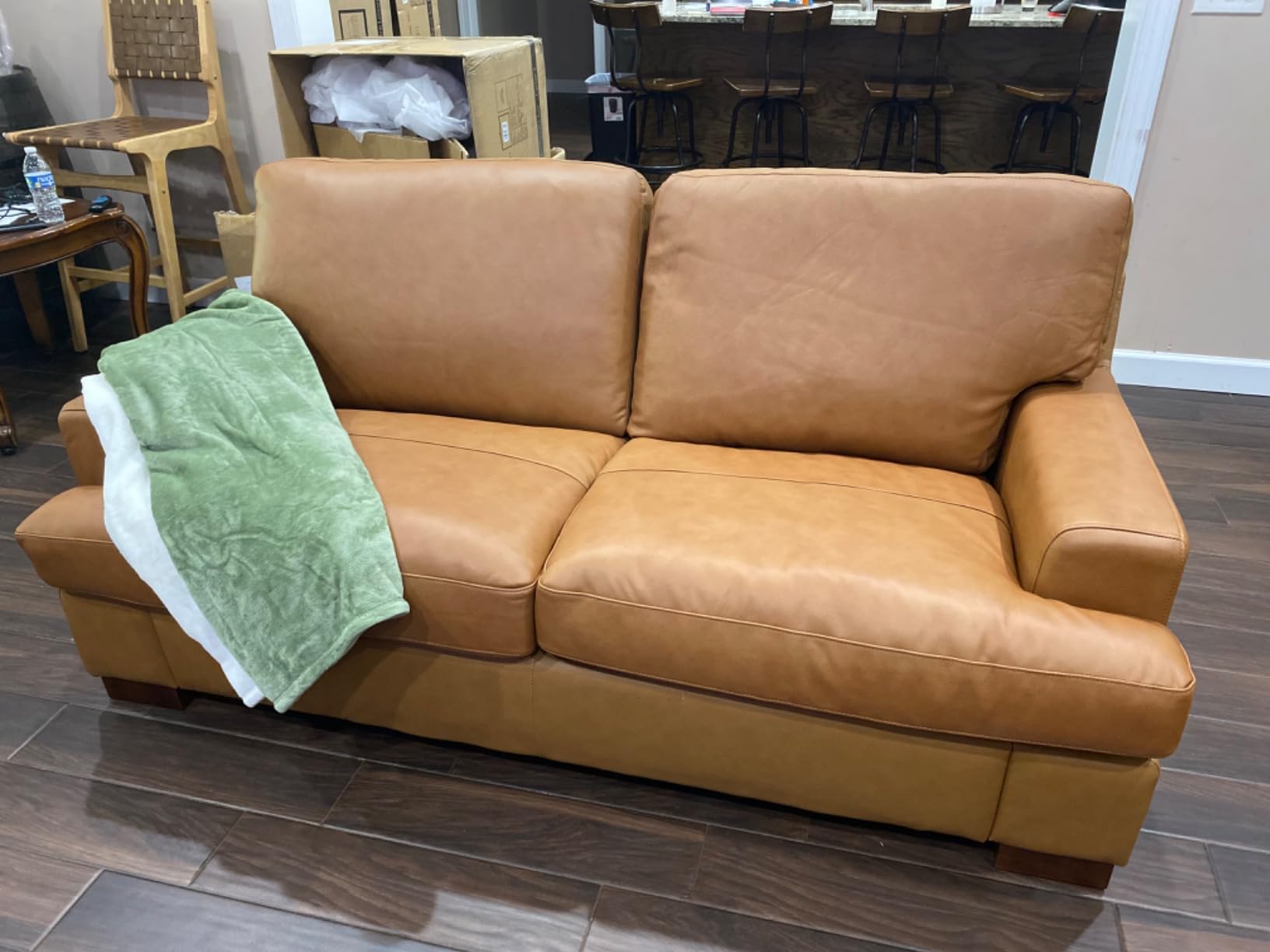 Naomi Home Siggy Genuine Leather Sofa - Plush Goose Feather Cushions, Mid-Century Modern Design - 992 LBS Capacity, NO Tools Assembly 3 Seater Sofa, Tan customer photo 2