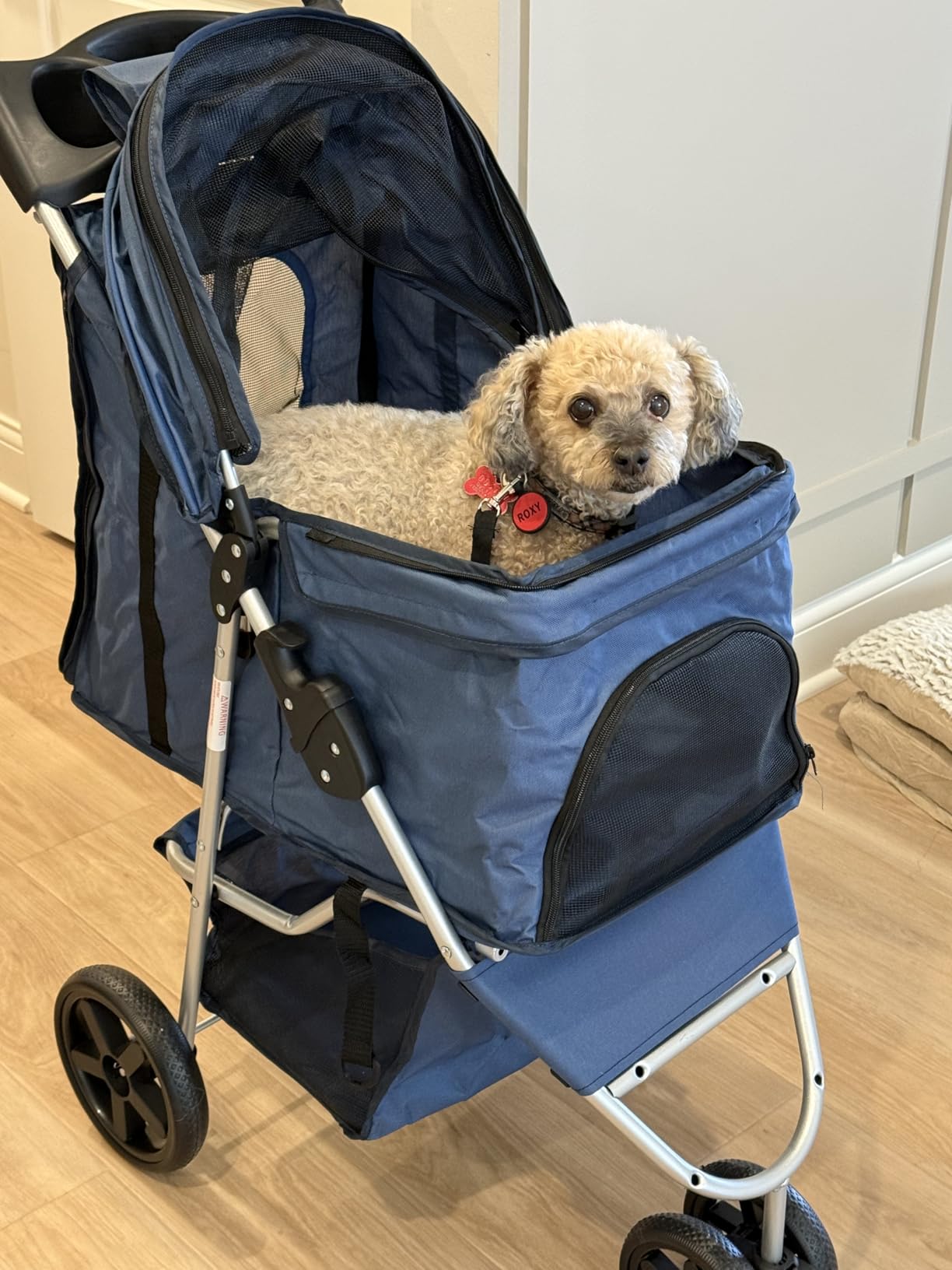 MoNiBloom Foldable Pet Stroller with Weather Cover, 3 Wheels Pet Strolling Cart for Small/Medium Dogs and Cats with Storage Basket and Cup Holder, Breathable and Visible Mesh for All-Season, Black customer photo 2