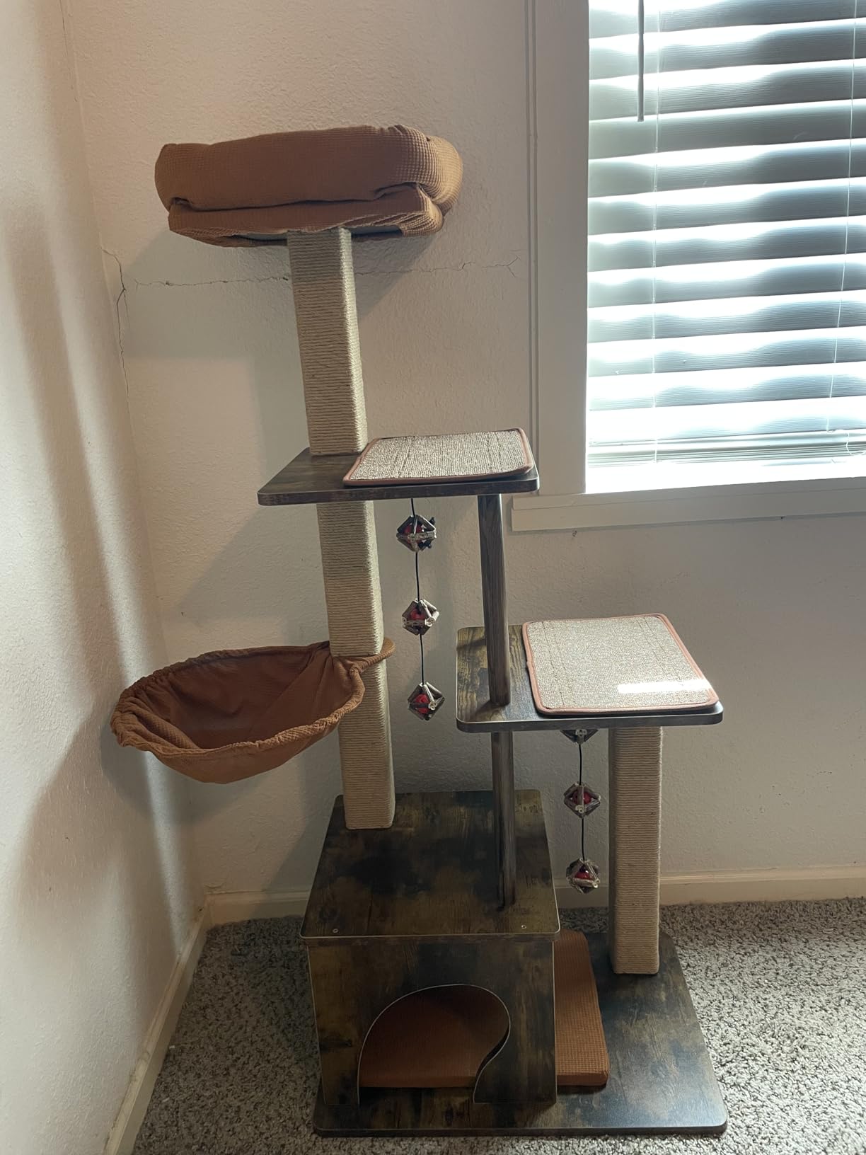 FUKUMARU Cat Tree, 4 in 1 Large Modern Cats Tower with Jute Scratching Post and Hammock, Wood Cat Condo with silvervine Balls, Brown Cat Climber Stand Playhouse for Indoor Cats, Retro Style customer photo 1