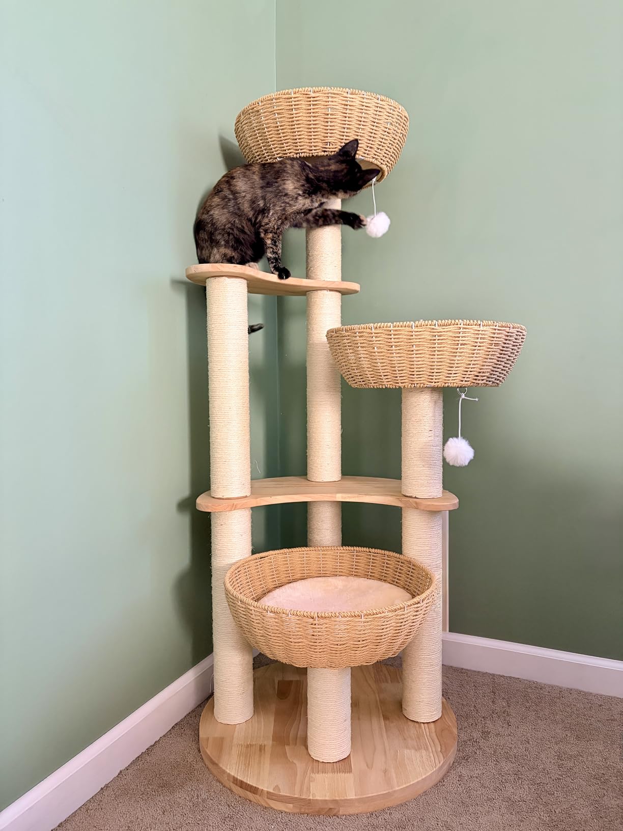 Big Modern Design Cat Tree Tower with White Cloud Mat, Unique Cat Supplies Tower with Scratching Post, Cute Wood Cat Tree Cat Furniture Activity Centre for Indoor Big Cats customer photo 1