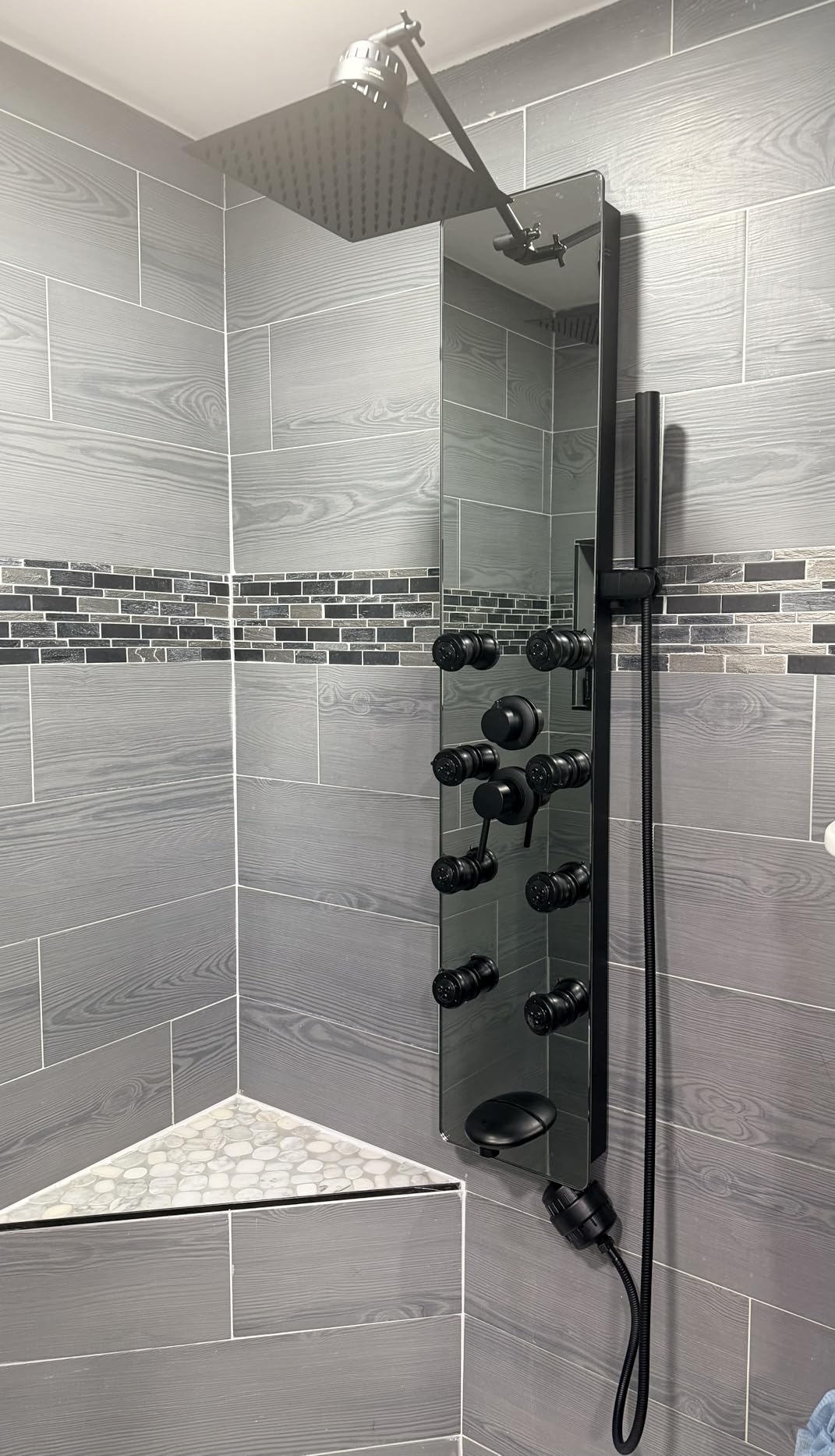 BWE Stainless Steel Shower Panel Tower System, Multi-Function Tempered Glass Shower Panel, Rainfall Shower Head Sprayer 8-Massage Jets with Tub Spout Hand Shower, Split Type Black customer photo 1