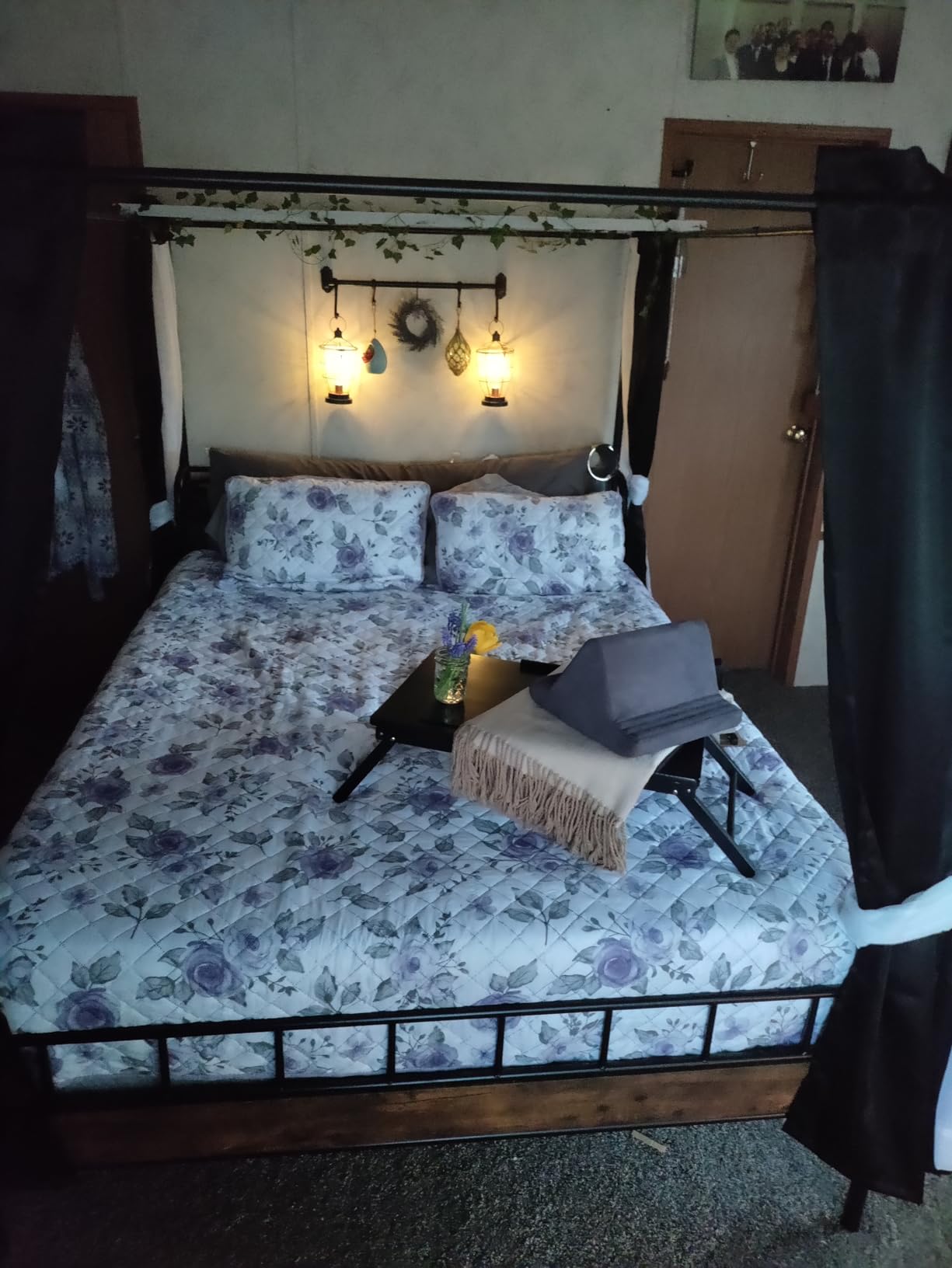 LIKIMIO Canopy Bed Frame King, Storage Headboard with Charging Station, Platform Bed with 4 Removable Sturdy Posts, Noise Free, No Box Spring Needed, Vintage Brown customer photo 1