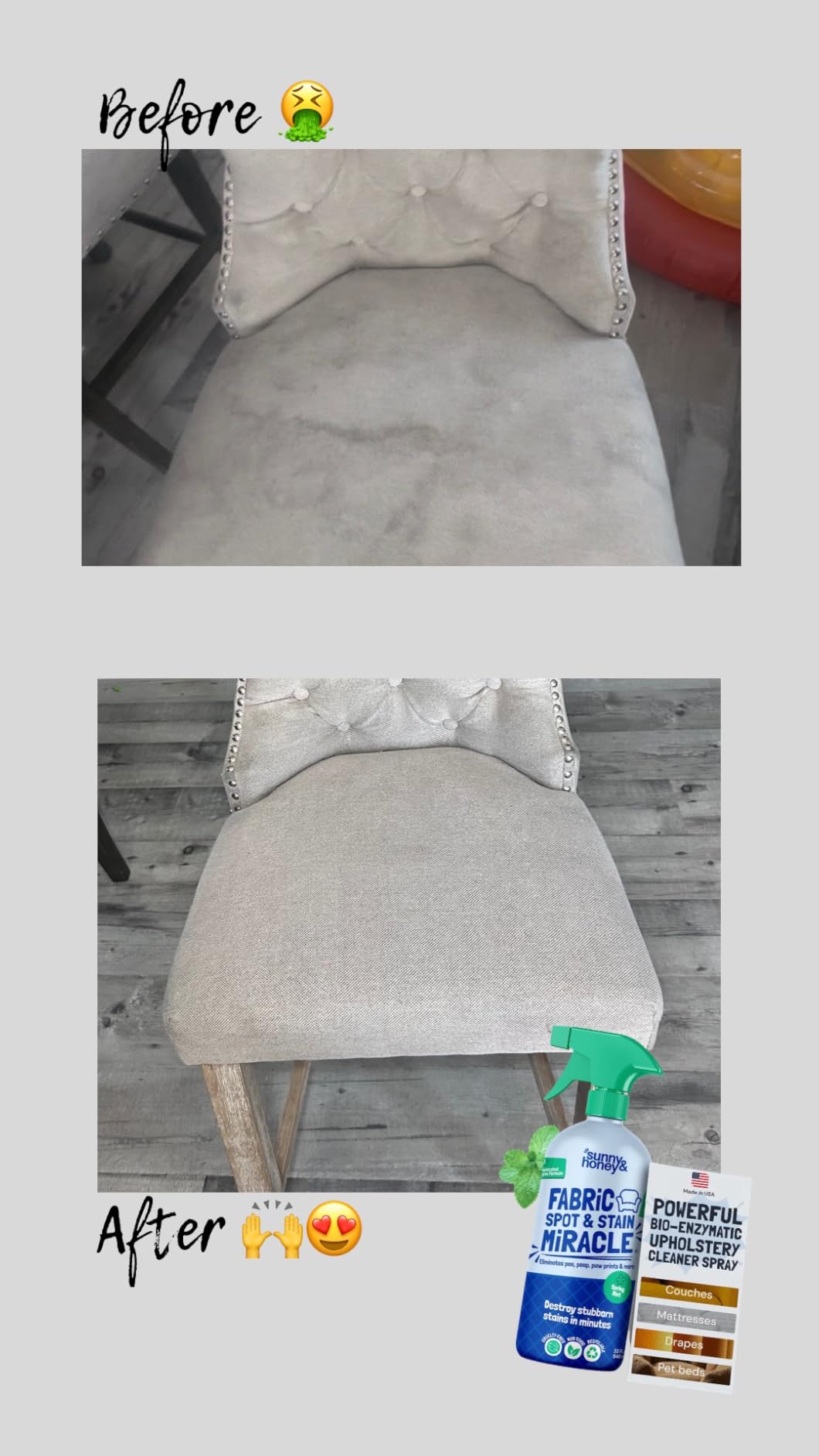 Sunny & Honey Fabric Cleaner Spray - Enzymatic Upholstery Cleaner for Furniture, Couches, Chairs and Sofas - 32 fl oz Stain Remover - No Scrubbing or Machines Needed (Mint Scent) customer photo 2