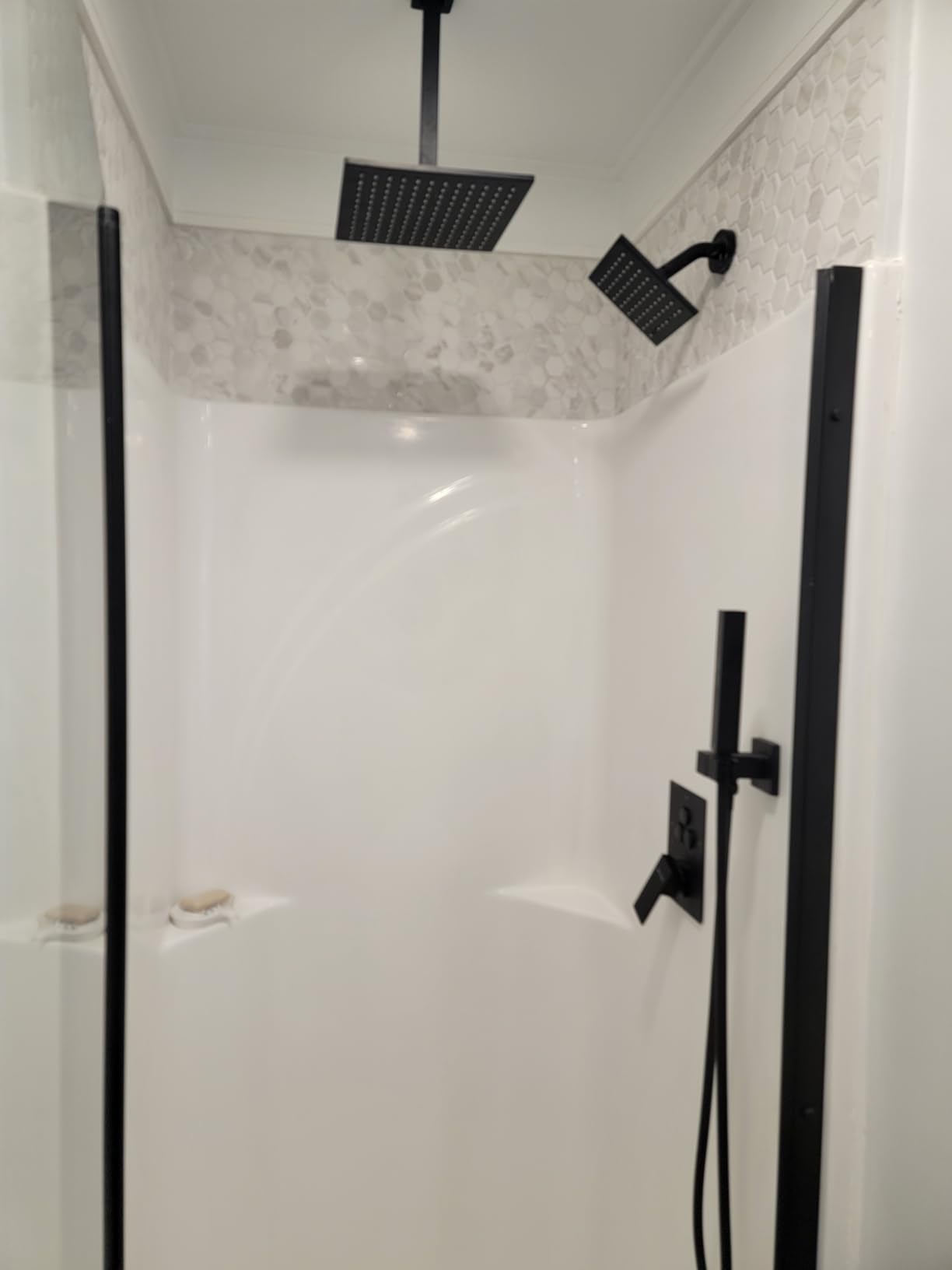 VANFOXLE Shower Faucet Set Matte Black Shower System, Push Button Diverter Shower Faucet with Trim Kit, Ceiling Mount 10 Inch Shower Head Increased Thick, 6 Inch Side Shower Head, 2-in-1 Handheld customer photo 2